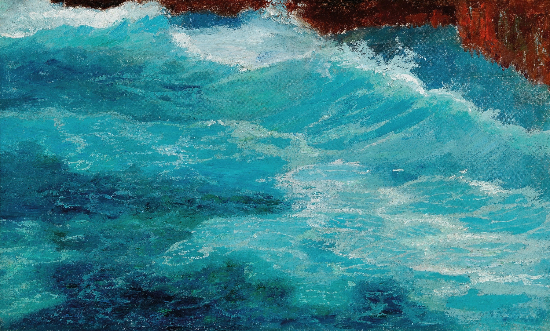 The Surge in Lacroma by Karl Mediz, oil painting depicting a vibrant ocean wave.