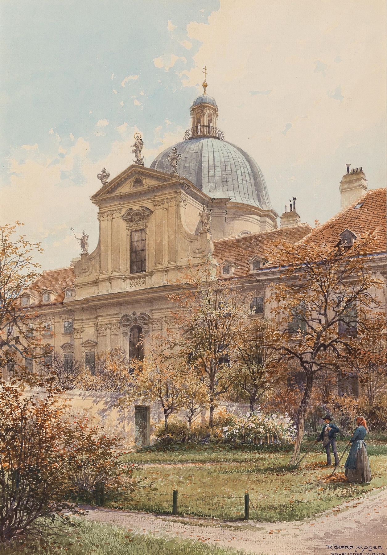 Oil on canvas by Richard Moser depicting a church, monastery, and gardener at dawn.
