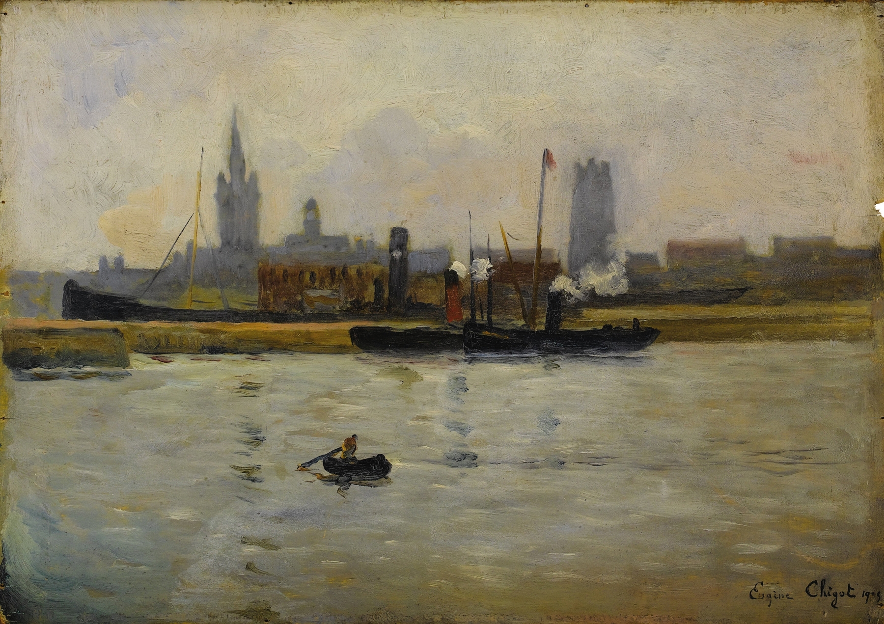 Boats in the Harbor by Eugene Chigot, oil on canvas, depicting tranquil water and boats under sunlight.