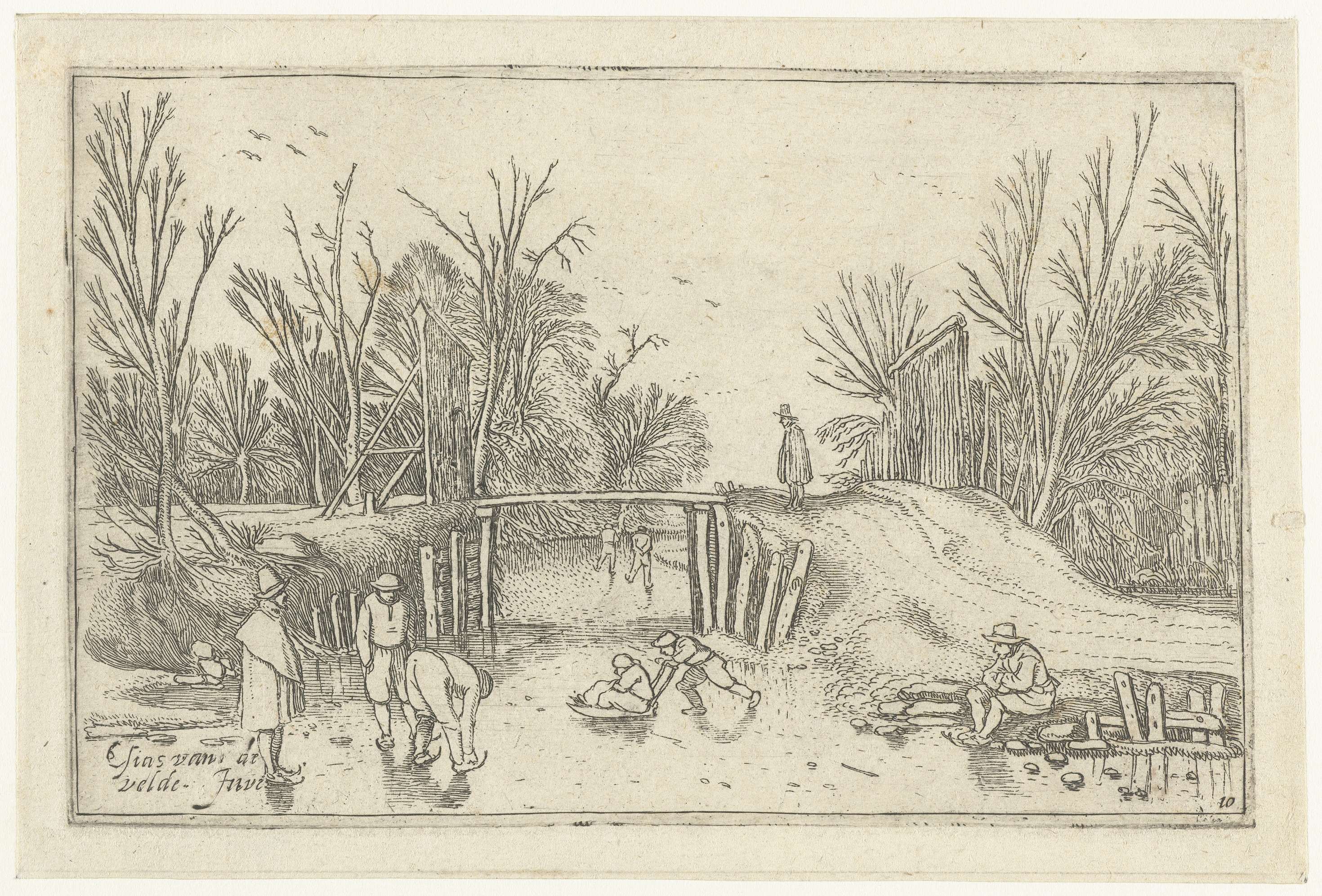 Schaatsers voor een houten brug, etching by Unknown Artist showing skaters on a frozen river under a wooden bridge.