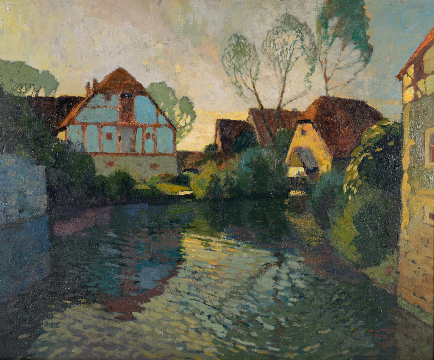 Dämmerung in einem Dorf by Alfred Poell, oil on canvas depicting a village at dusk.