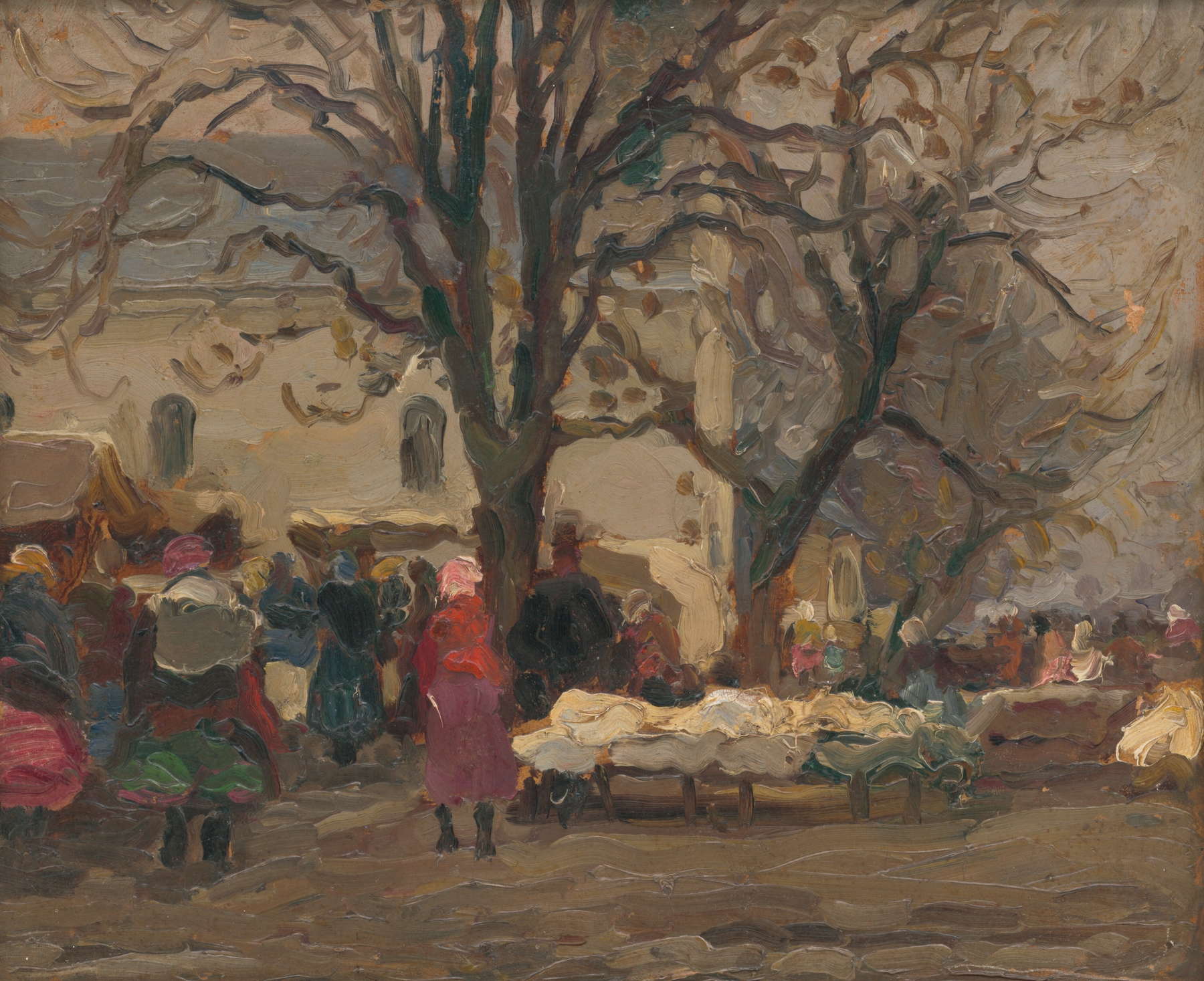 Genre scene depicting a market with vibrant colors, oil on canvas by Jozef Teodor Mousson