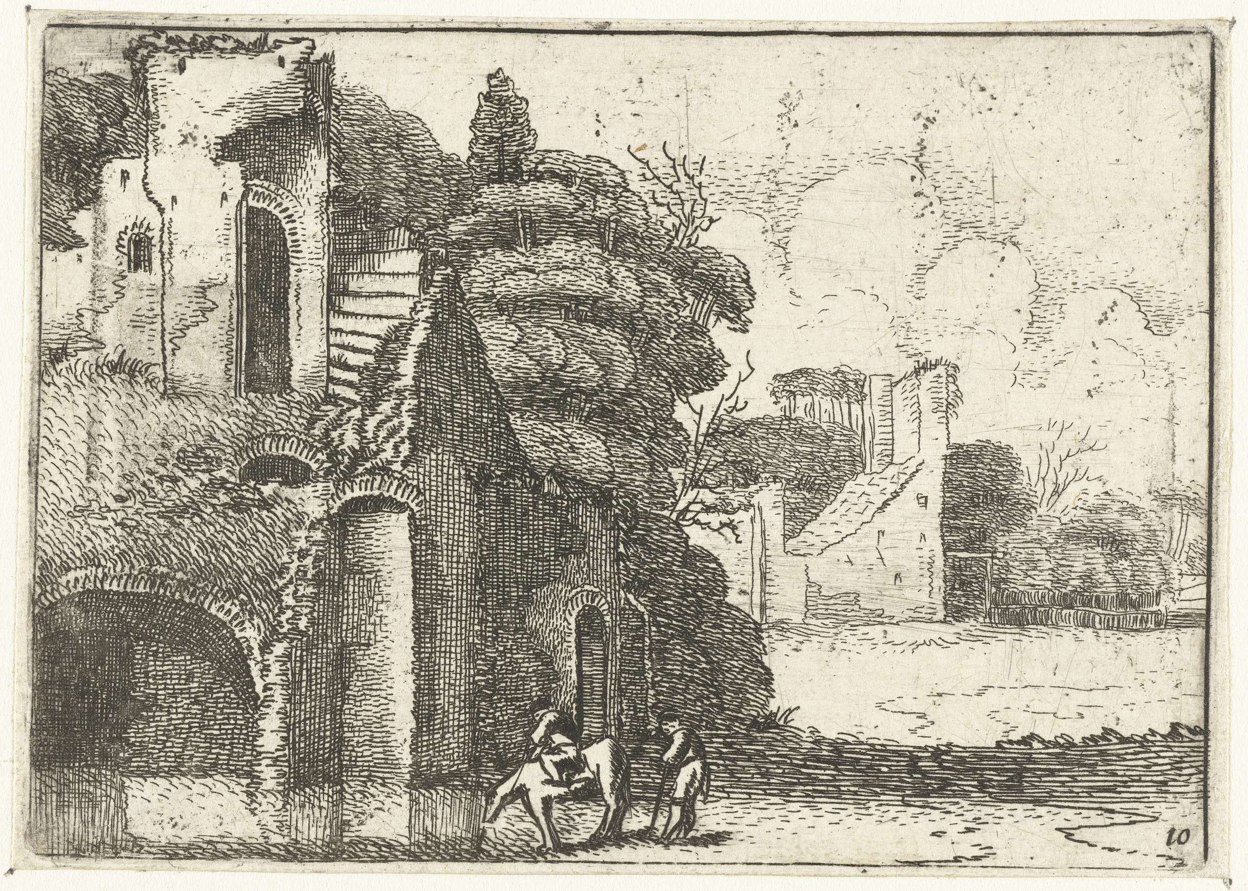 Etching by Jan van de Velde II depicting a horse near ruins