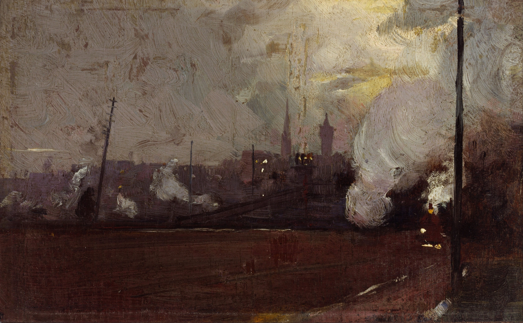 Evening train to Hawthorn, oil on canvas by Tom Roberts, depicting a landscape with a woman and golden light.