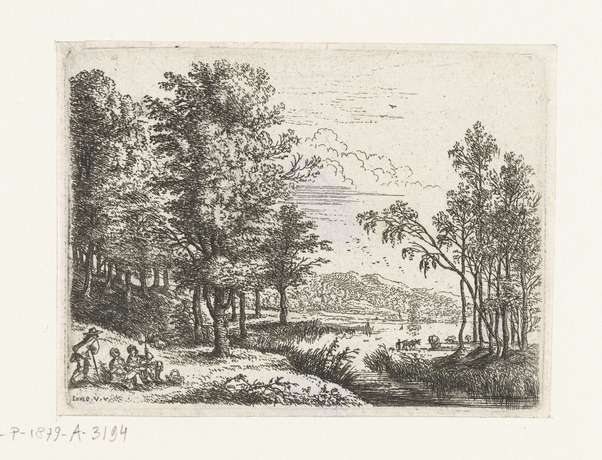 Landschap met drie figuren bij een meer, etching by Lucas van Uden depicting figures by a lake at dusk.