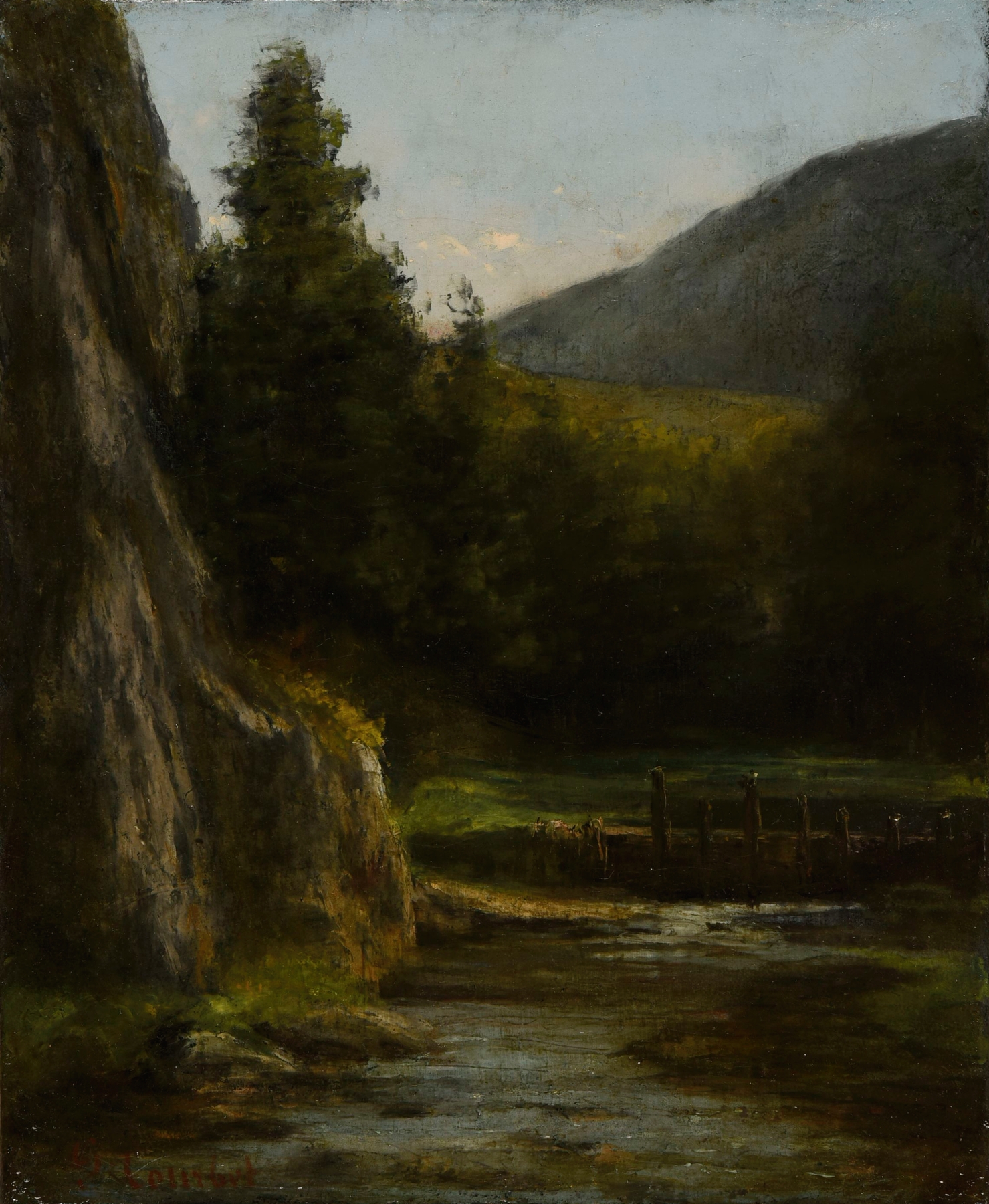 Rochers, sapins, ruisseau, by Gustave Courbet, public domain