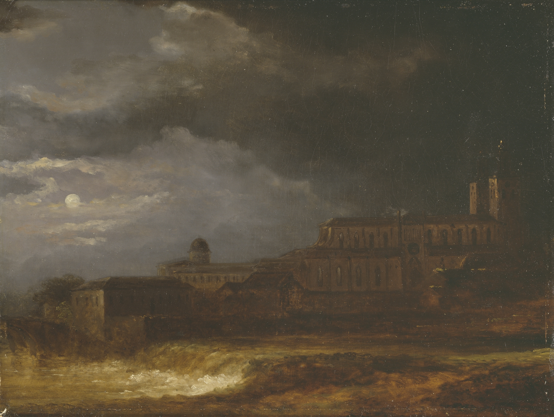 View of Uppsala by Carl Johan Fahlcrantz, oil on canvas, depicting a moonlit landscape with a cathedral.