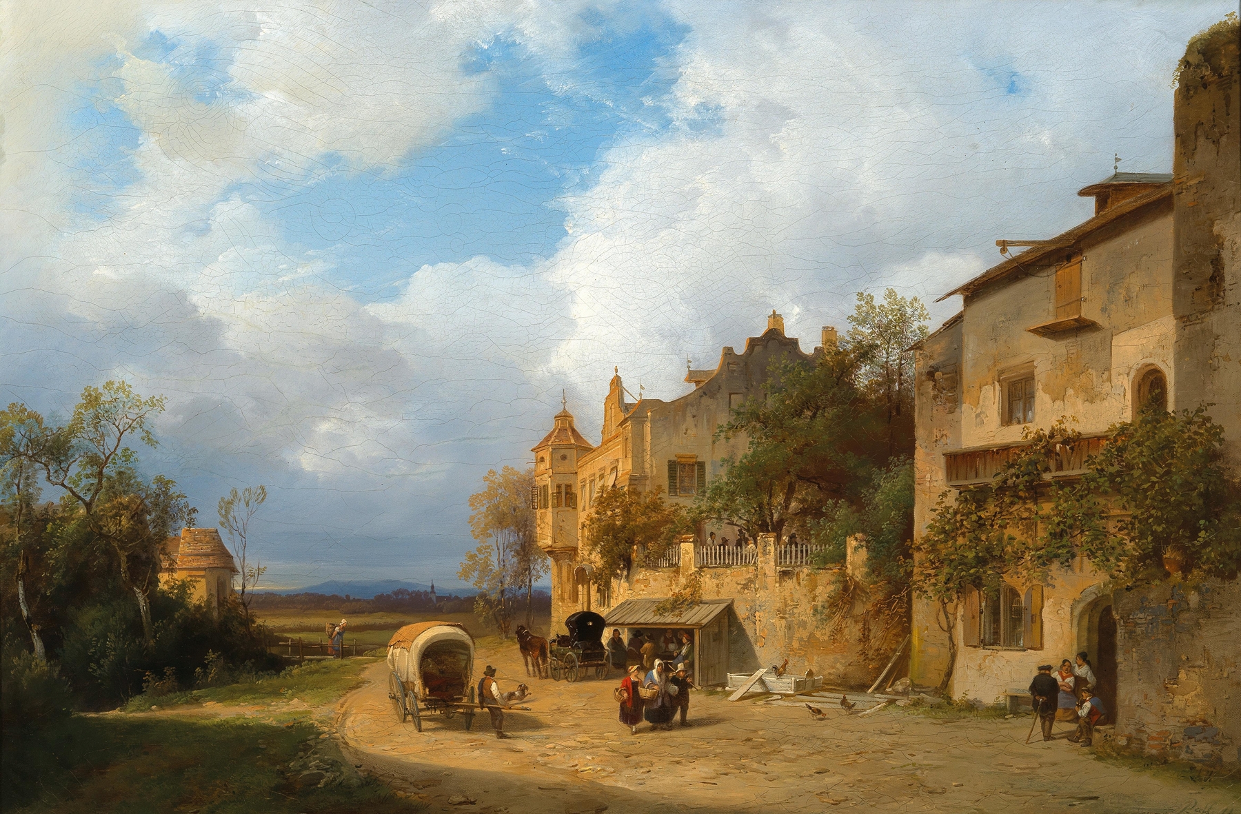 Resting in front of the Inn, oil on canvas by Ignaz Raffalt, featuring a solitary figure at sunset.