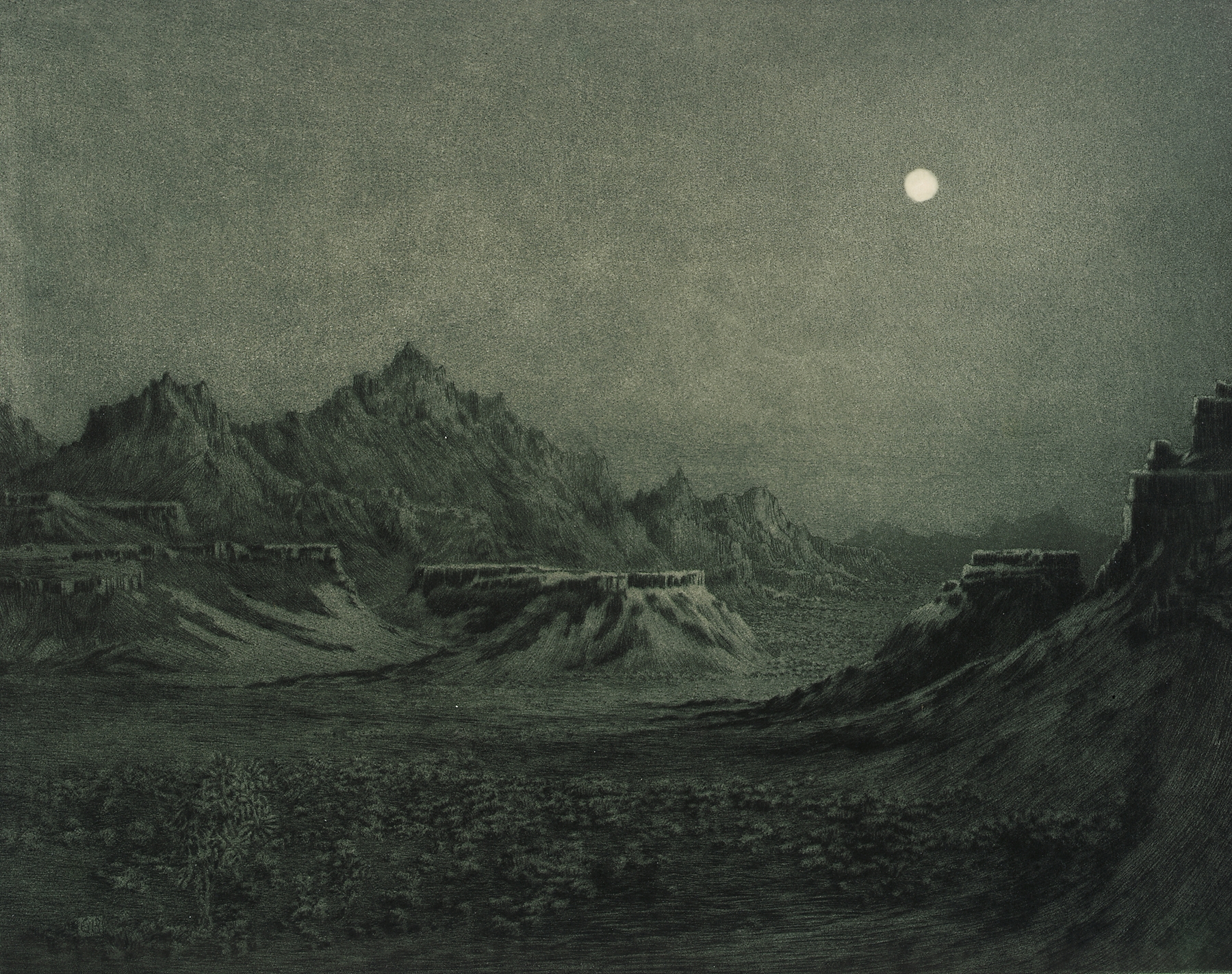 Arizona Night by George Elbert Burr, oil on canvas depicting a tranquil desert landscape under a starry night.