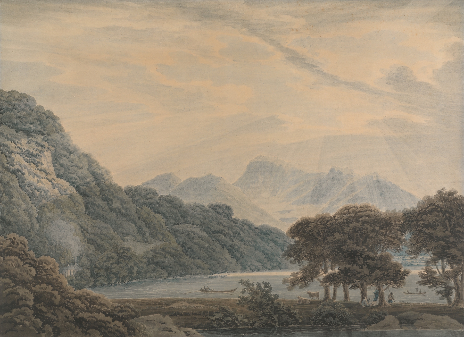 Landscape of Ullswater with hills and lodge, oil painting by Thomas Sunderland