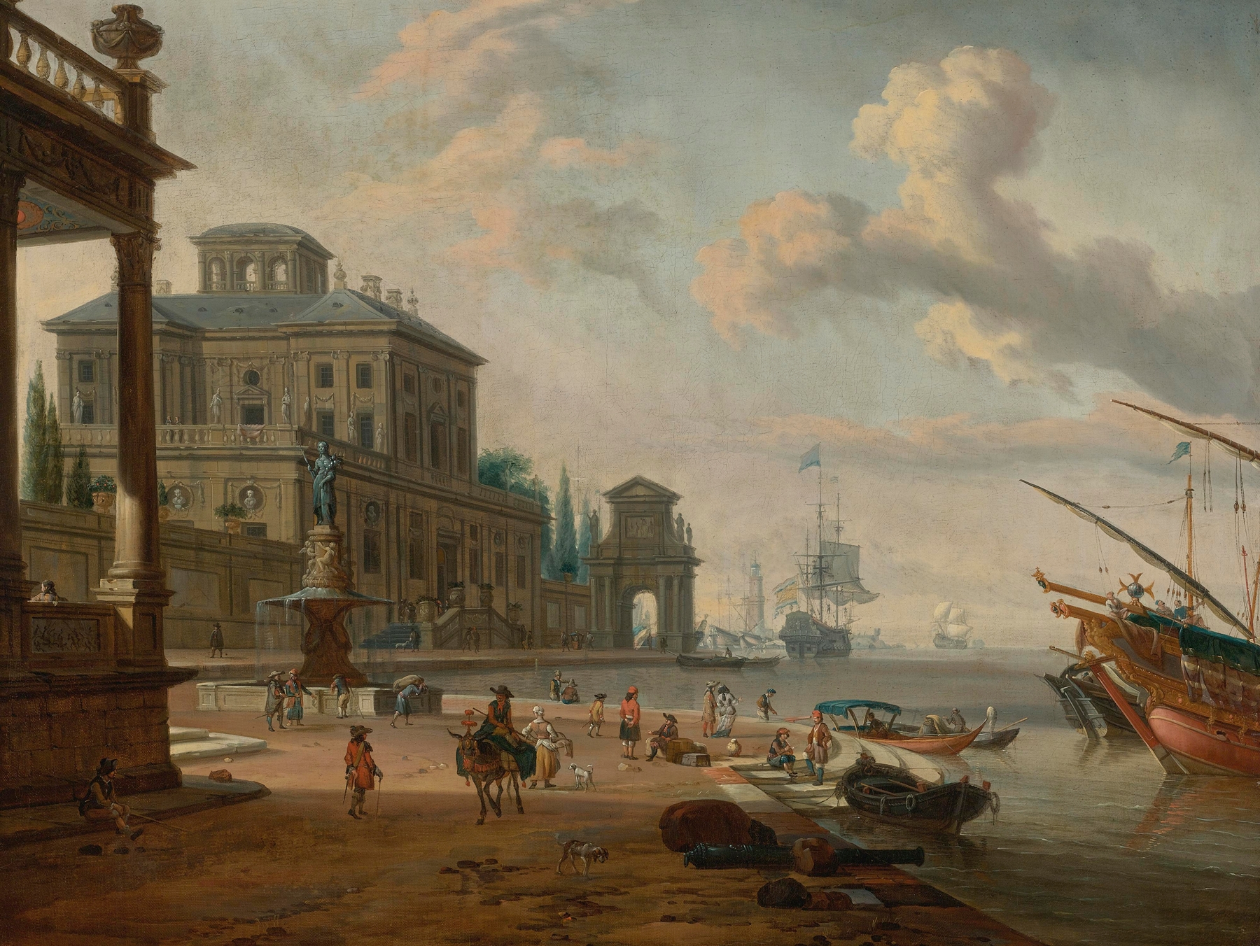Italianate harbor scene with figures and animals in a grand architectural setting, by Abraham Storck, public domain