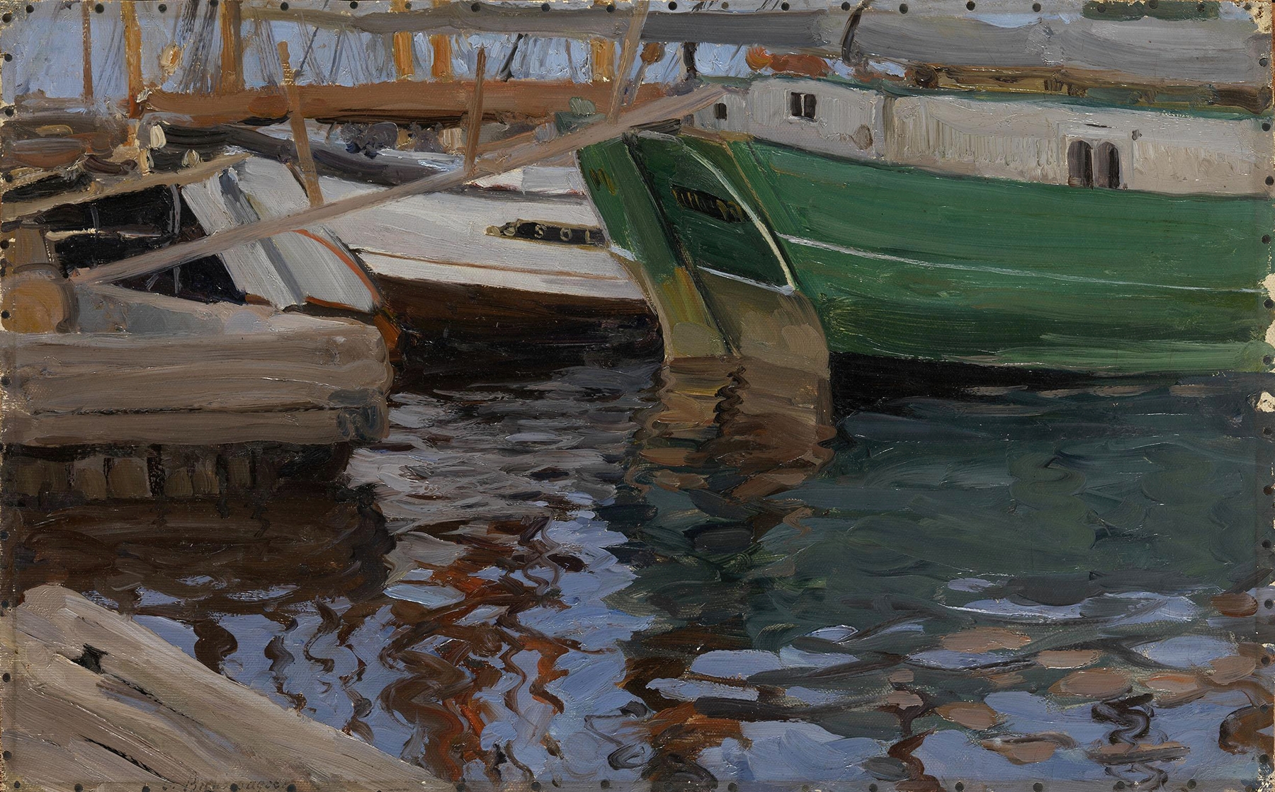 Boats in Arkhangelsk Port, oil on canvas by Sergei Arsenevich Vinogradov