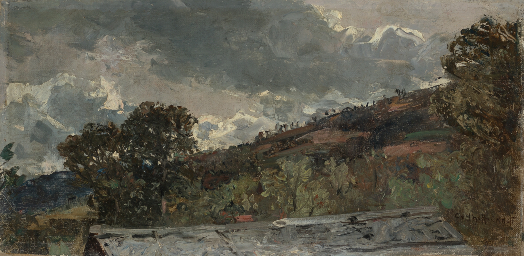 Landschaftsstudie by Carl Hoff, depicting a serene landscape with soft greens and clouds.