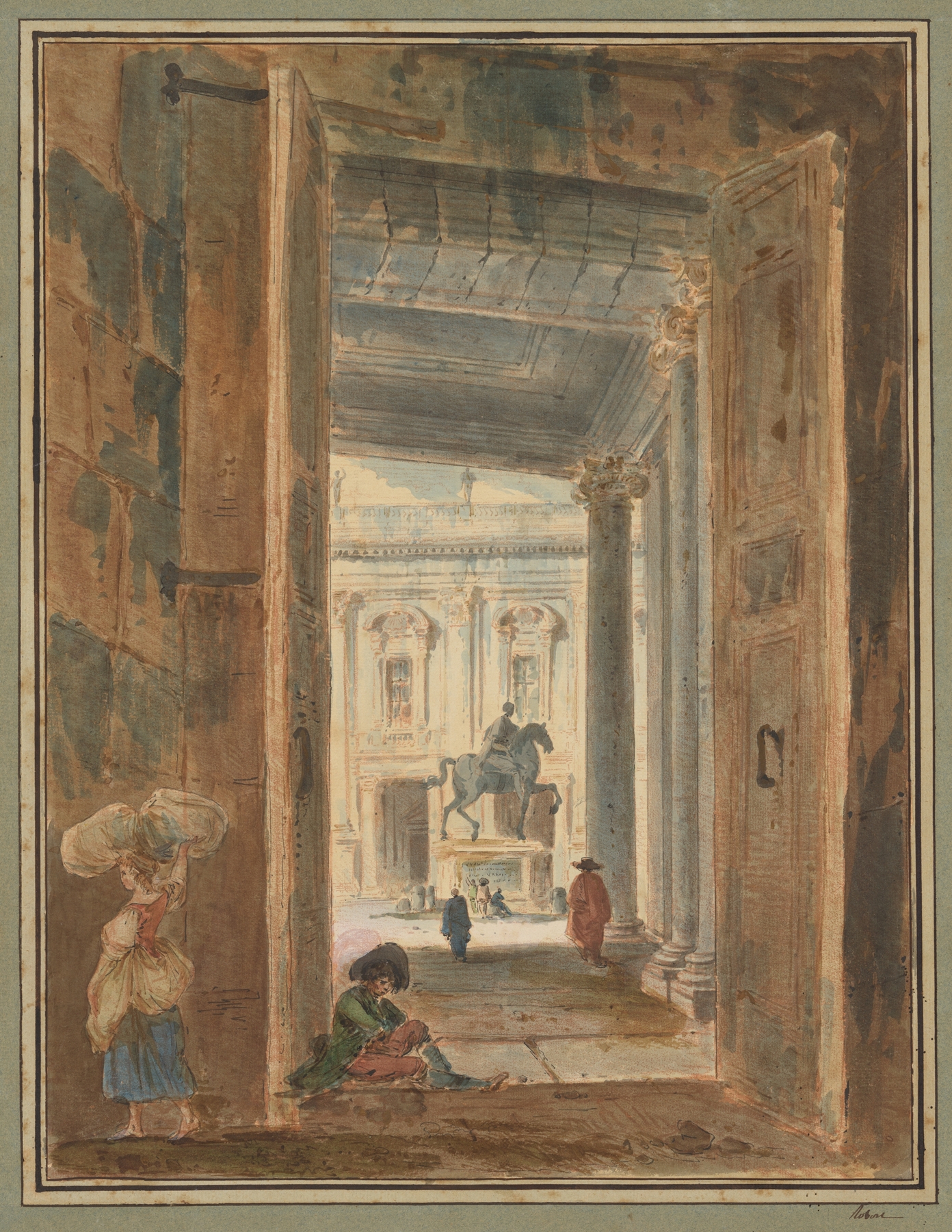 View of the Campidoglio with the Statue of Marcus Aurelius, by Hubert Robert, public domain
