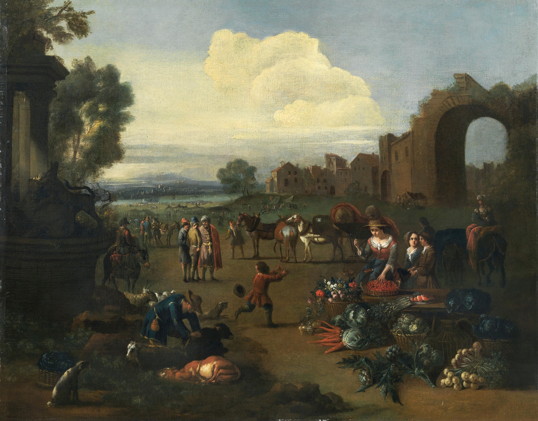 Genre scene depicting a market with a river landscape by Peter Tillemans, oil painting