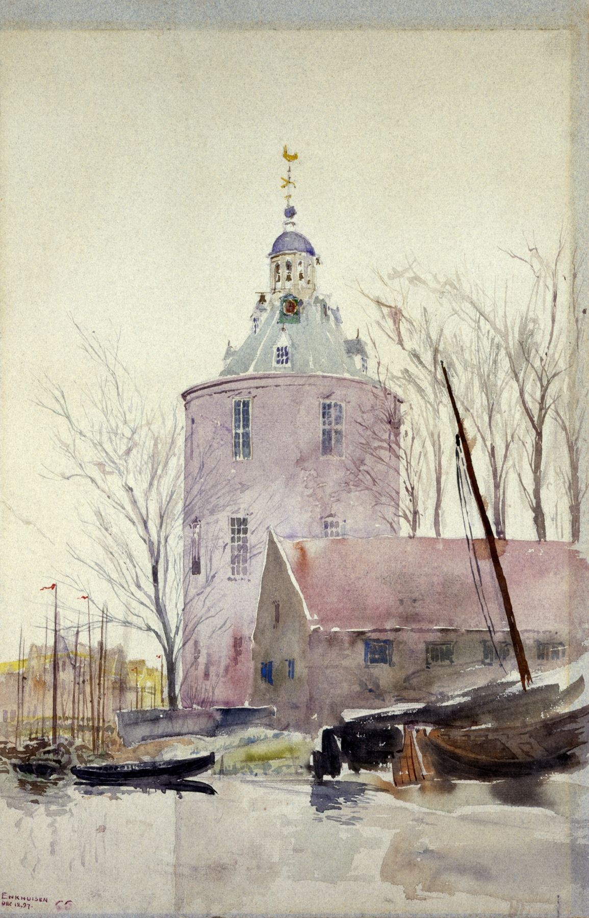 Tower at Enkhuisen, Holland by Cass Gilbert, oil painting depicting a tower against a cloudy sky.