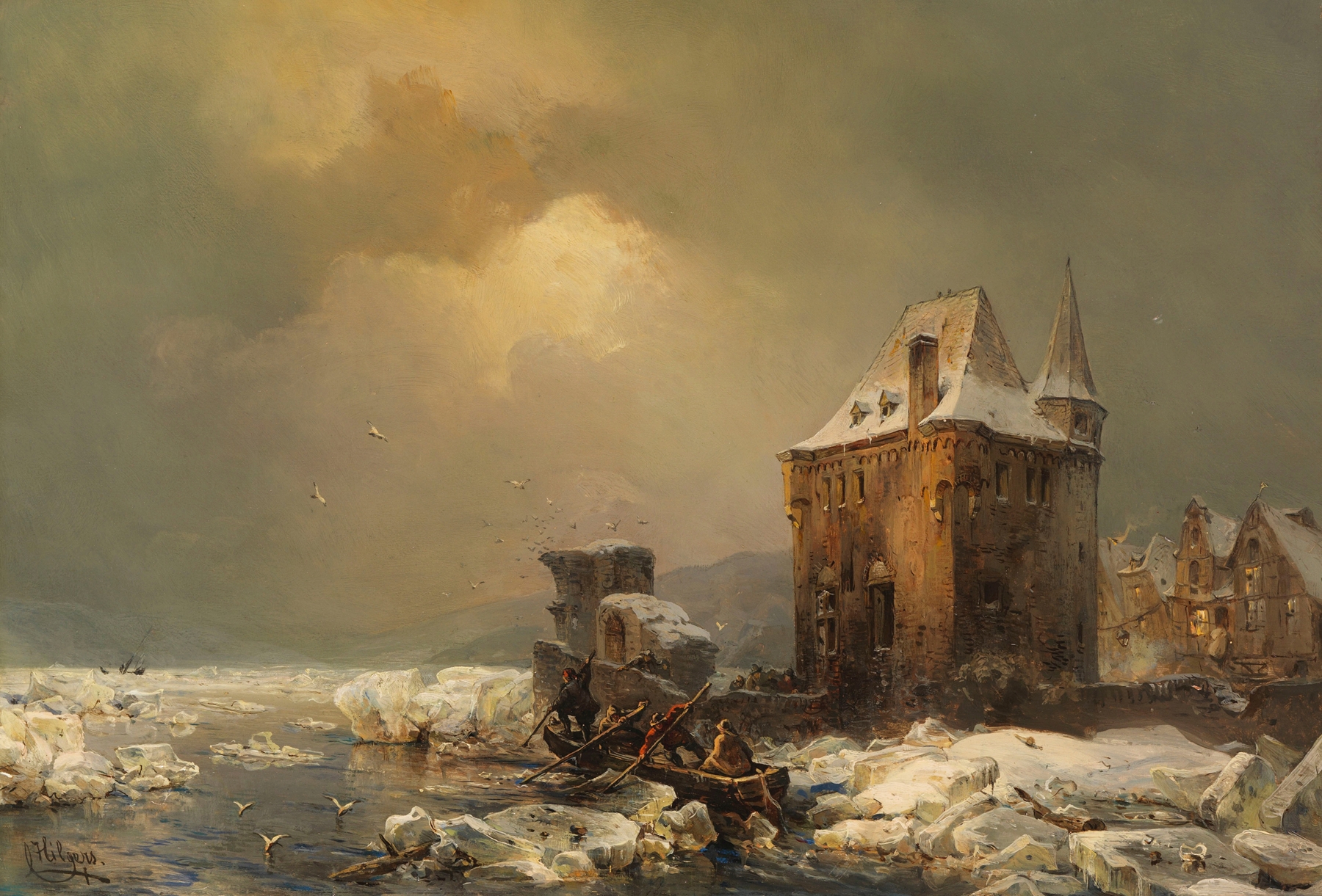 Winter landscape with a solitary figure on ice, oil painting by Carl Hilgers