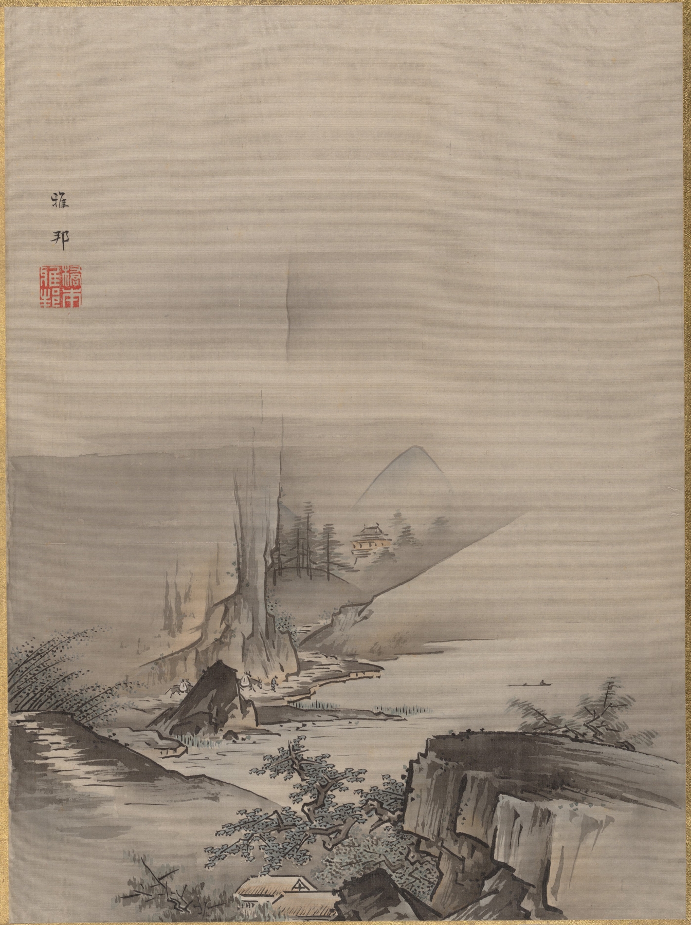 Rapids and Fall of a River by Hashimoto Gahō, ink on silk depicting a flowing river and waterfall