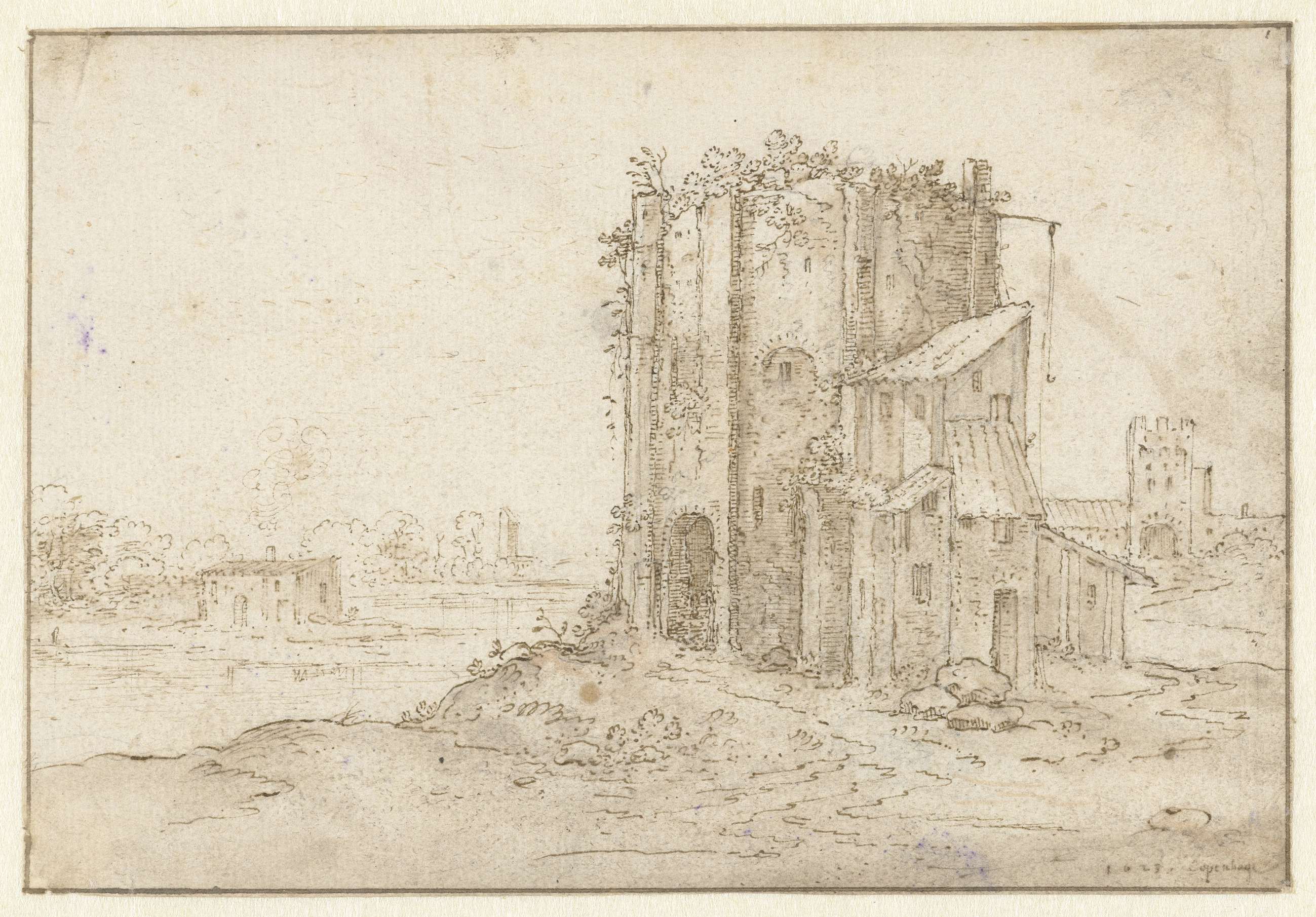 Landscape with the Ruins of a Round Tower by Marten de Cock, depicting a tower against a vast sky, oil painting