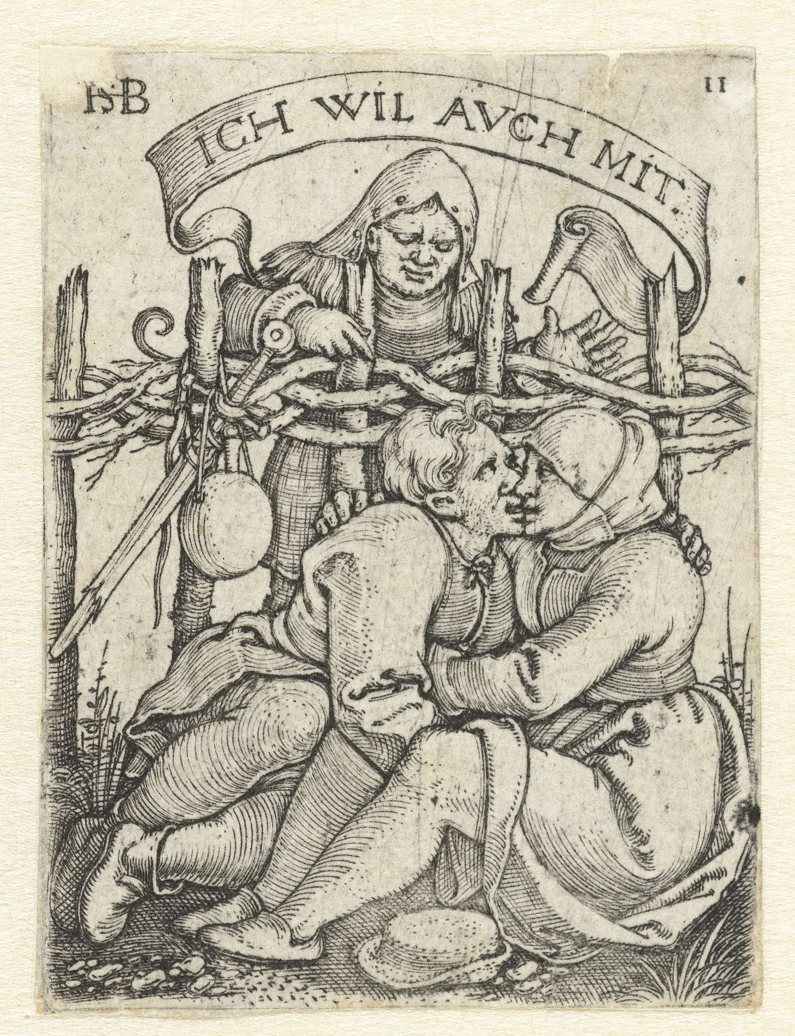 Vrijende man en vrouw begluurd door een meisje, by Hans Sebald Beham, public domain