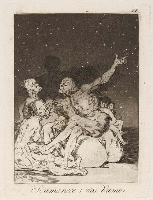 This painting depicts a group preparing to leave at dawn.
