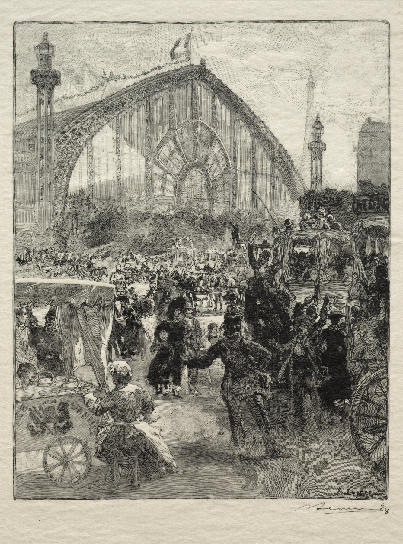 Leaving the 1889 Exhibition, by Auguste Louis Lepère, public domain