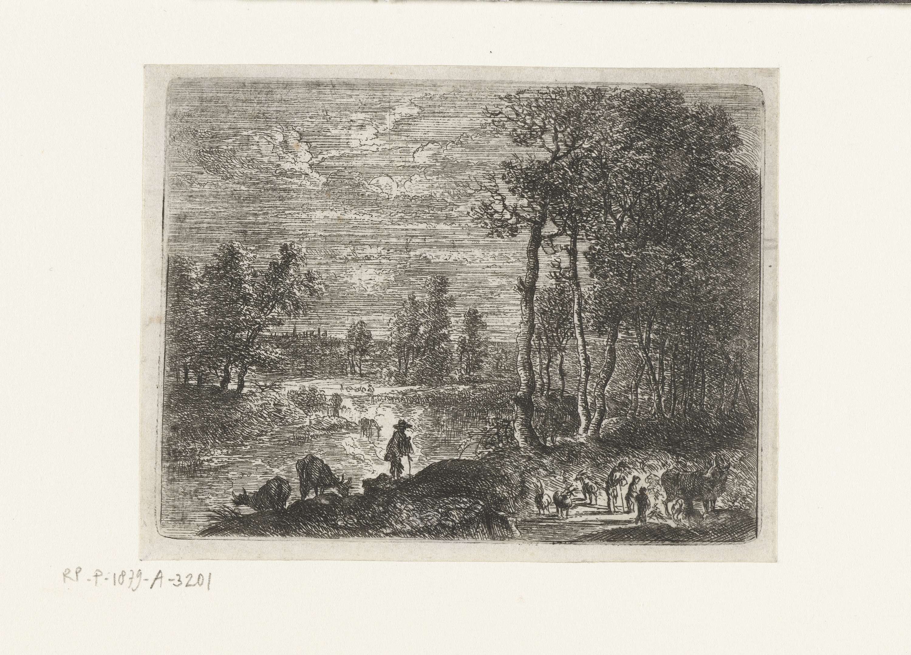 Etching by Lucas van Uden depicting farmers and cattle in a night landscape.