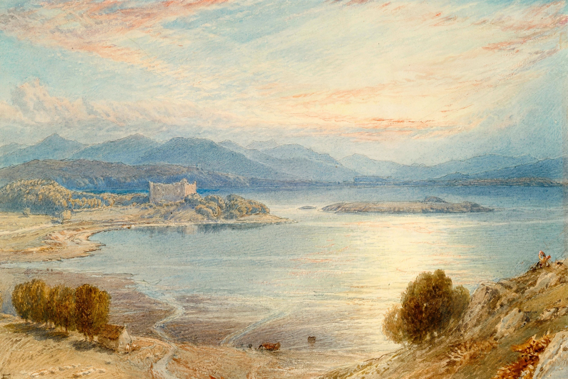 Loch Awe At Sunset, watercolor on paper by Myles Birket Foster, depicting sunset reflections on water.