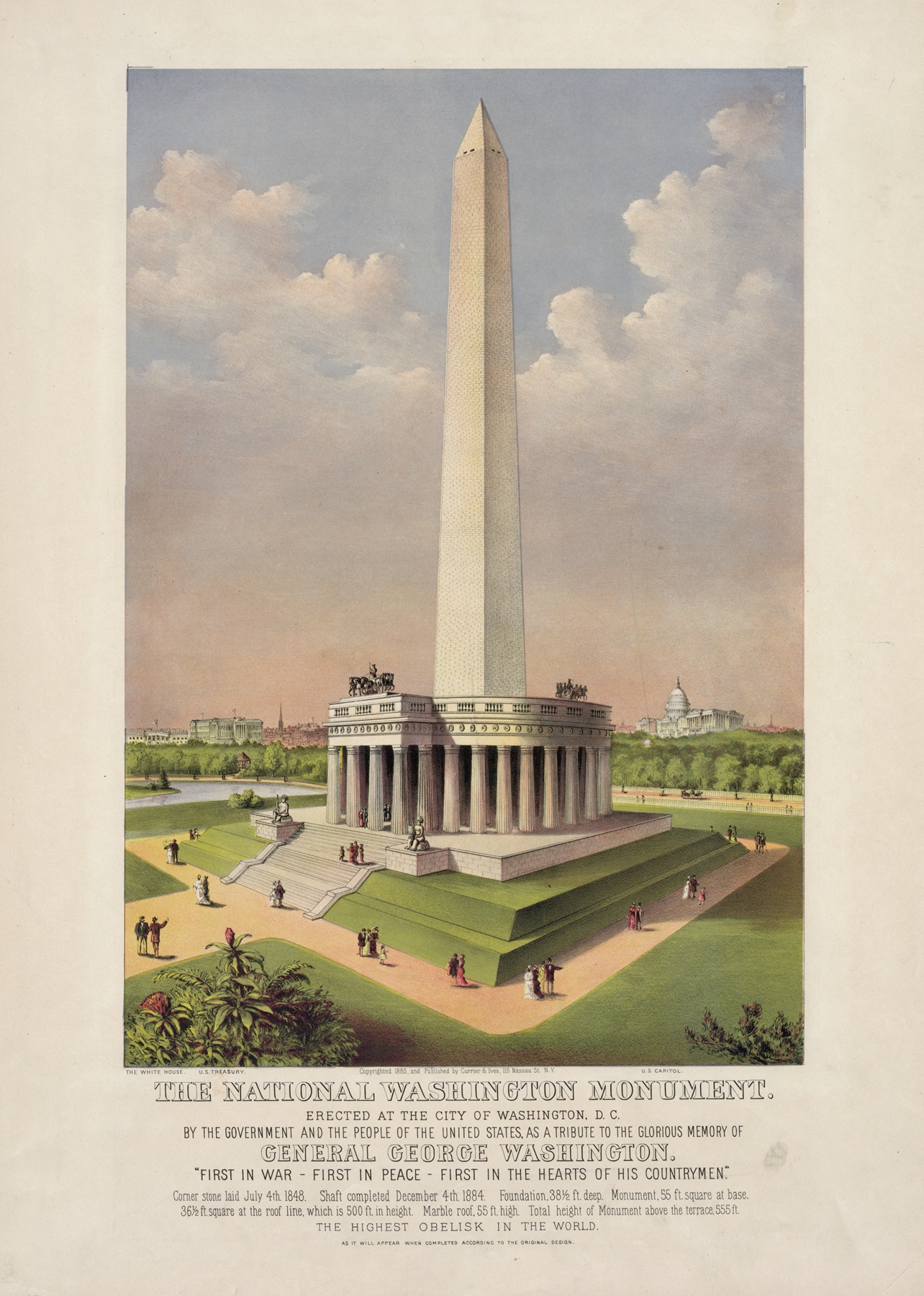 The National Washington Monument lithograph by Currier & Ives against a soft sky.