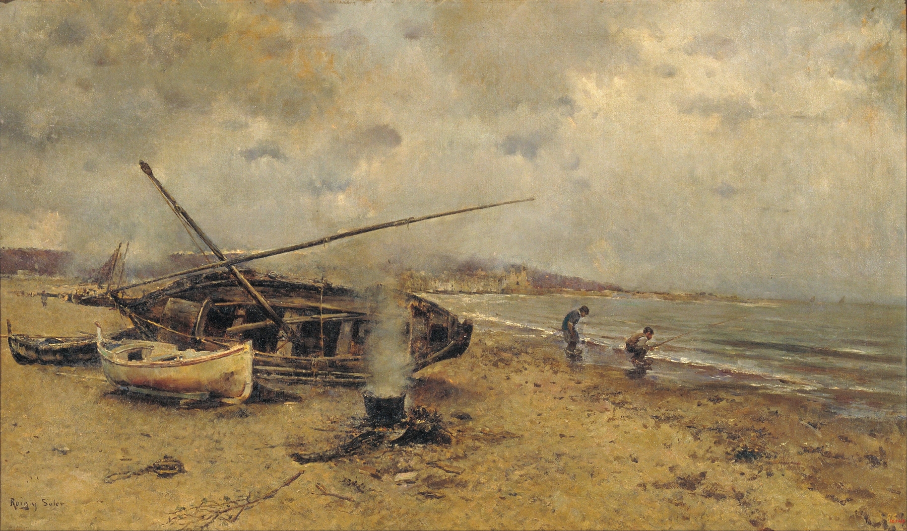 Sitges Study, oil on canvas by Joan Roig i Soler, depicting a serene coastline with soft colors.