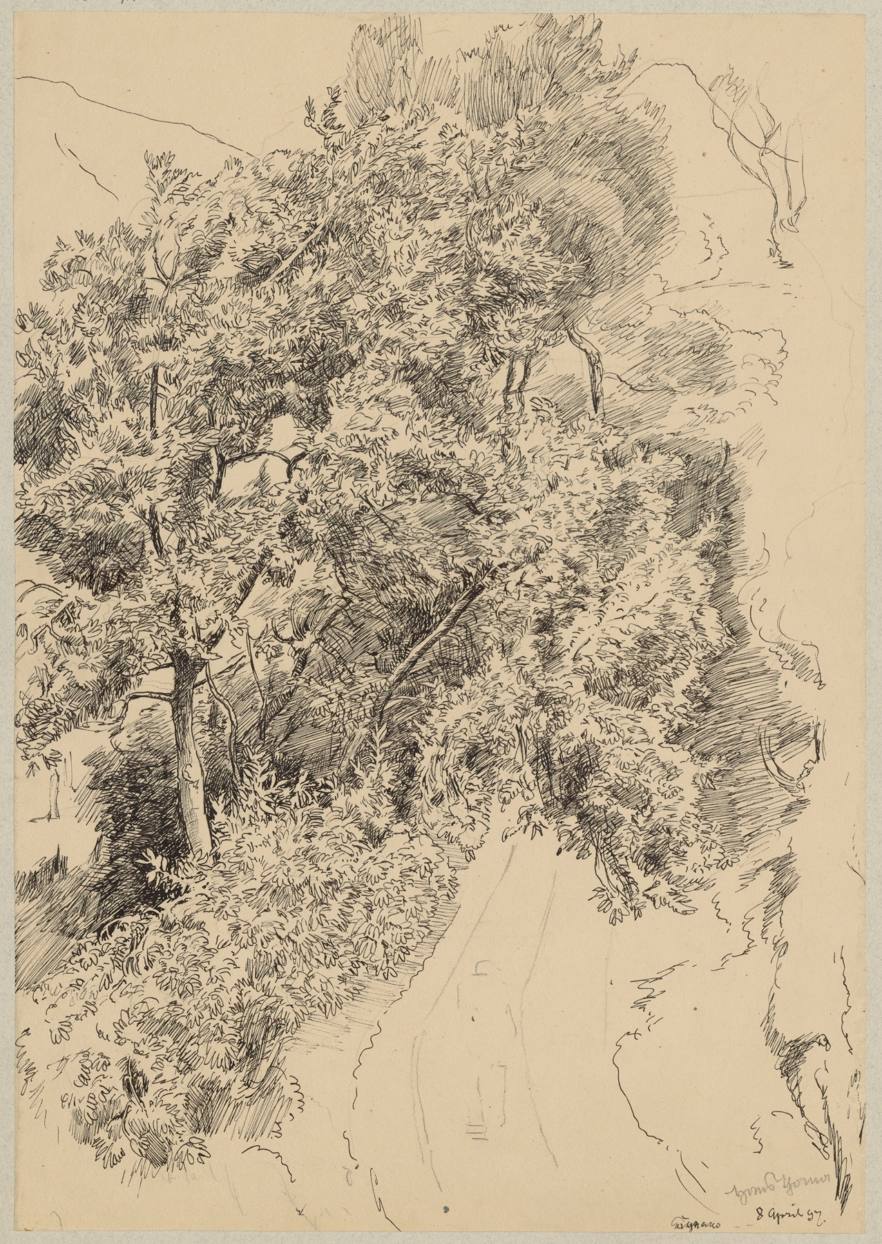 Landscape with a mountain road among trees by Hans Thoma, oil painting, 1897
