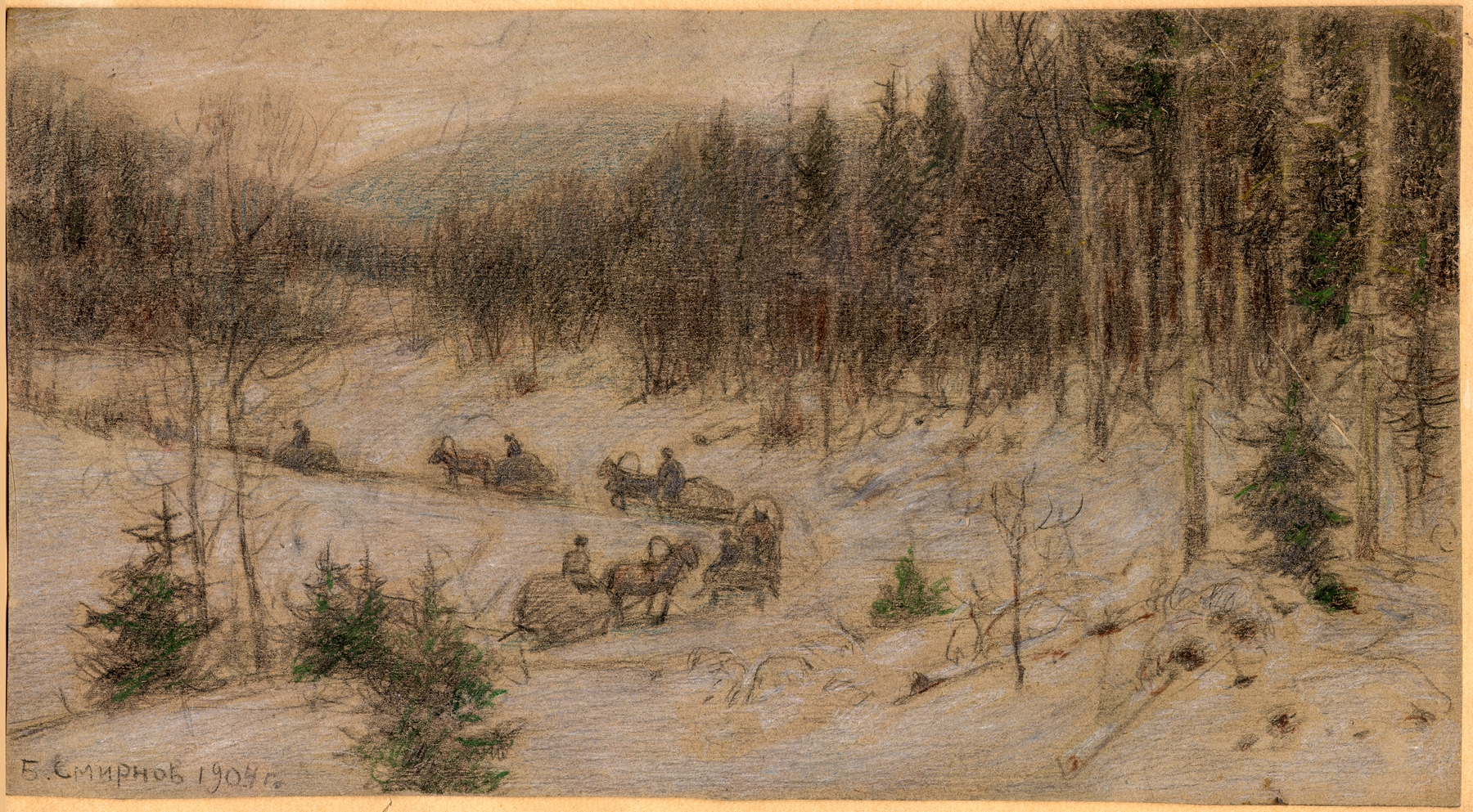 Siberian Road in Winter by Boris Vasilievich Smirnov, oil painting depicting carts on a snowy road