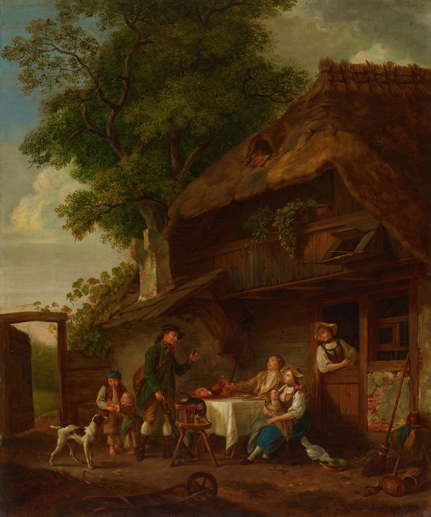 Ländliche Mahlzeit im Freien by Sigmund Freudenberger, oil on canvas depicting a rustic outdoor meal.