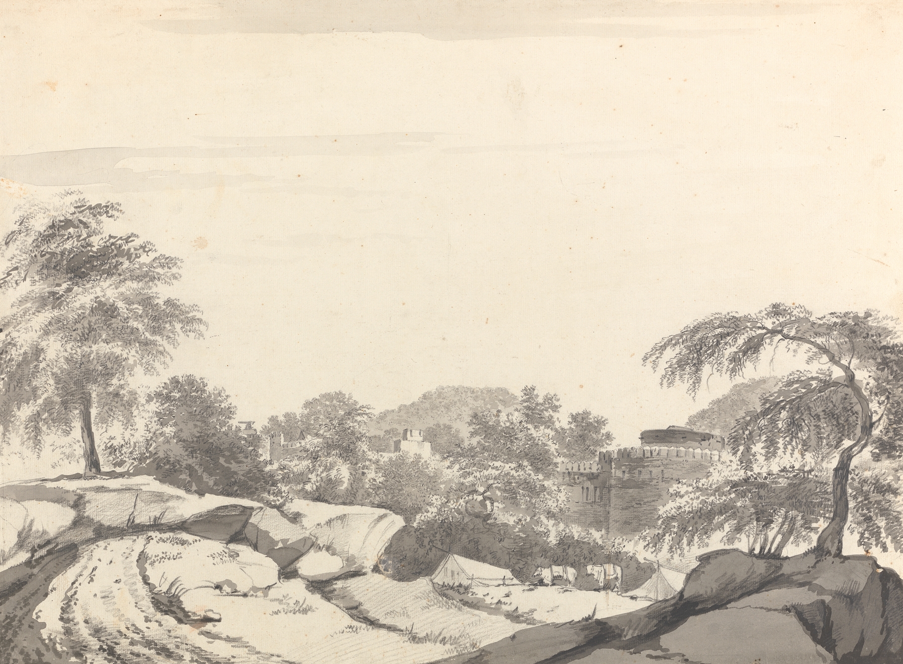 Landscape drawing by William Hodges, ink on paper, featuring trees and hills.