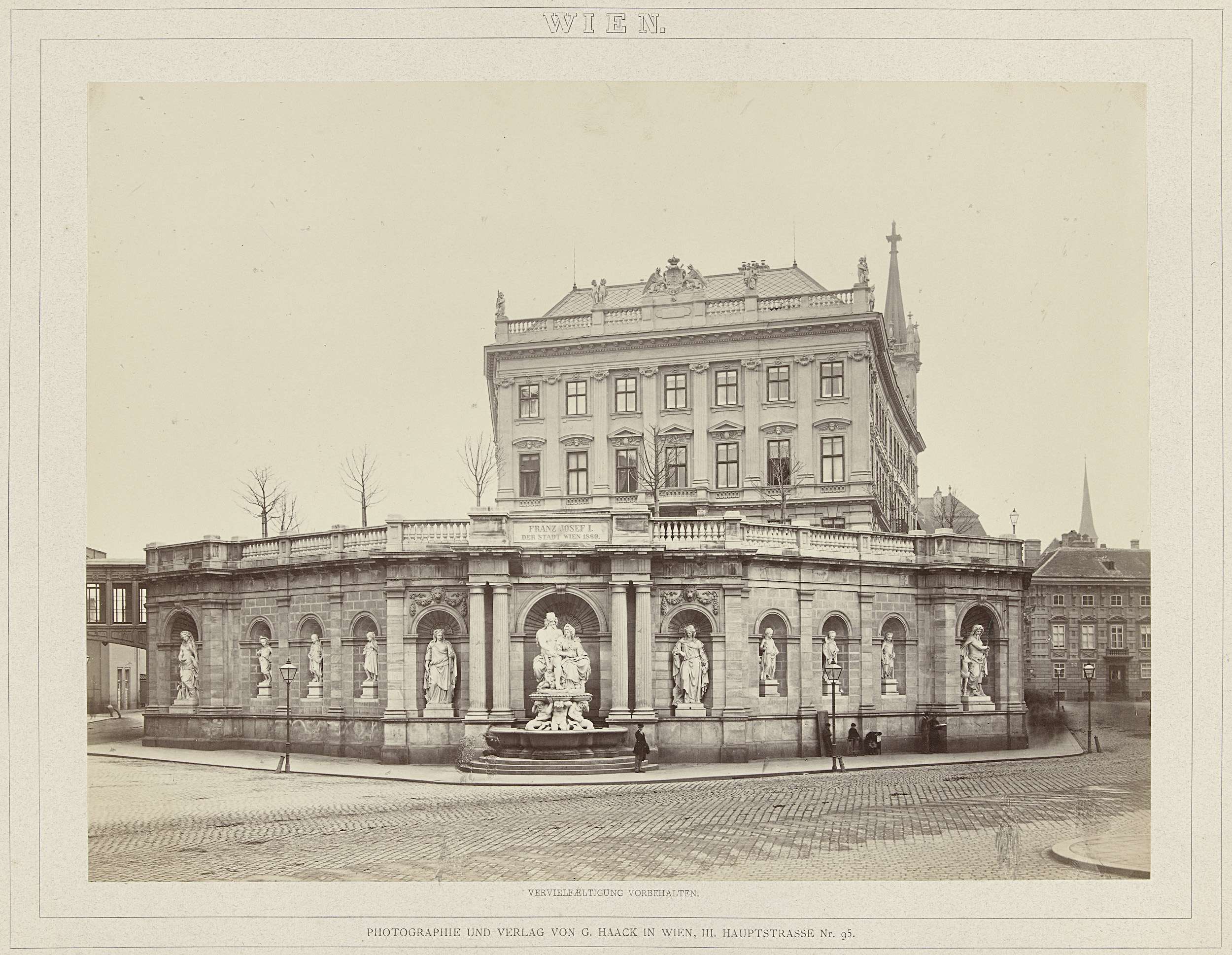Albrechtsbrunnen fountain and palace in Vienna, Austria, albumen print by Carl Haack