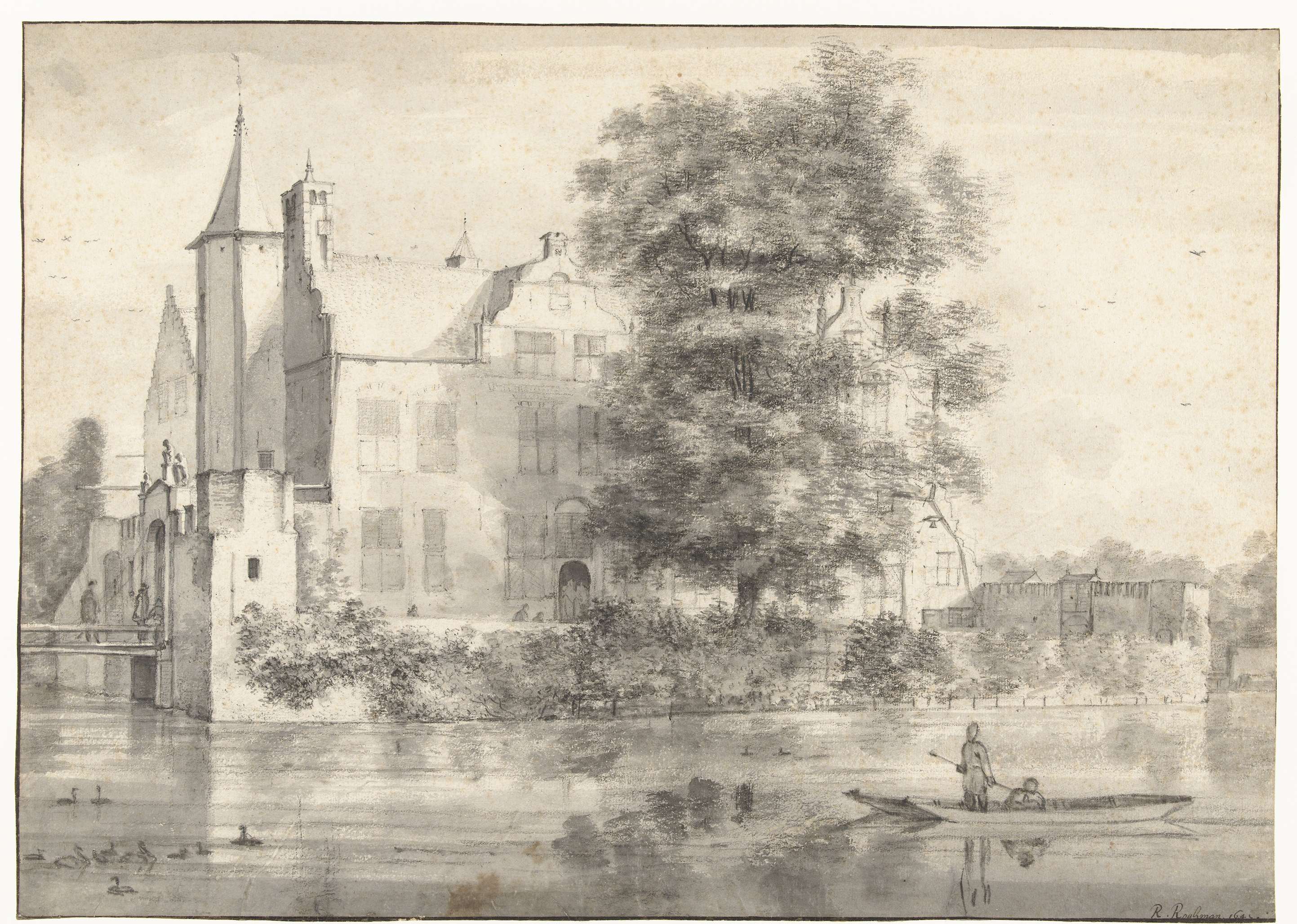 View of Huis te Rhoon, an architectural scene by Roelant Roghman, oil painting