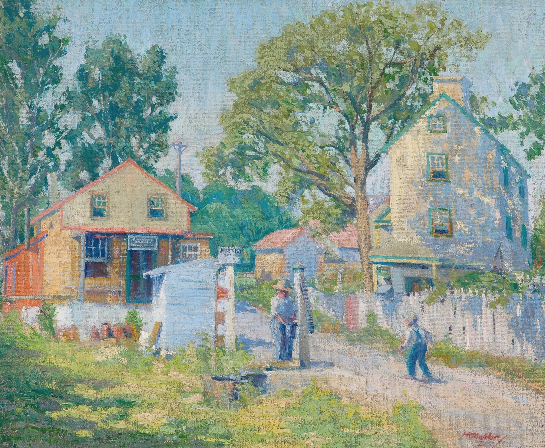 oil painting by Harry Shokler depicting a town pump and figures in a small town