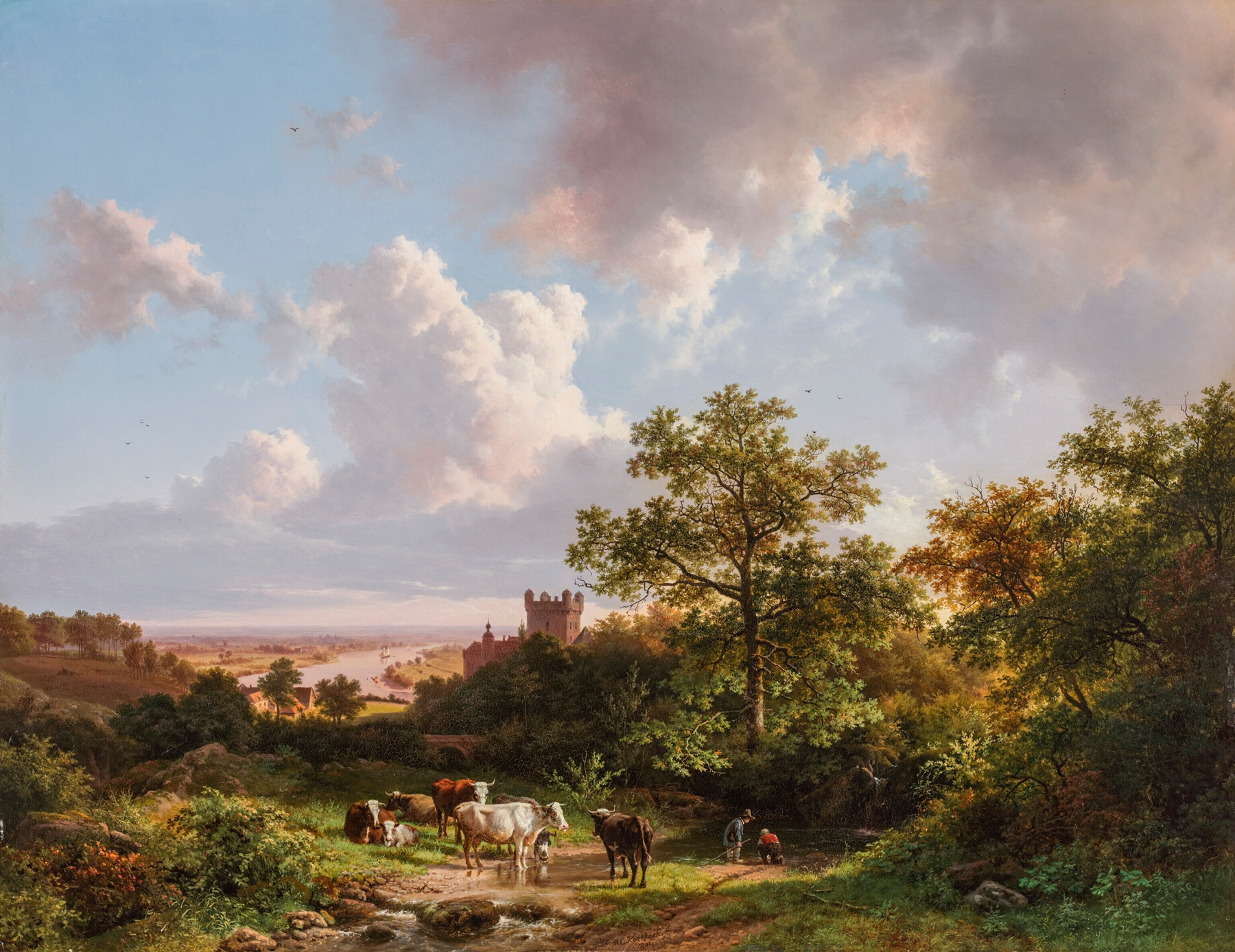 Panoramic landscape with a castle and river, oil on canvas by Barend Cornelis Koekkoek
