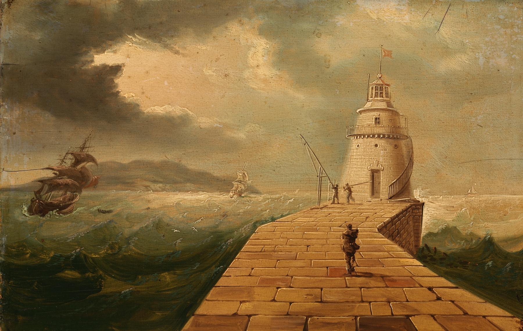 Oil painting of Poolbeg Lighthouse by William Sadler the Younger, featuring gentle waves and light reflections.