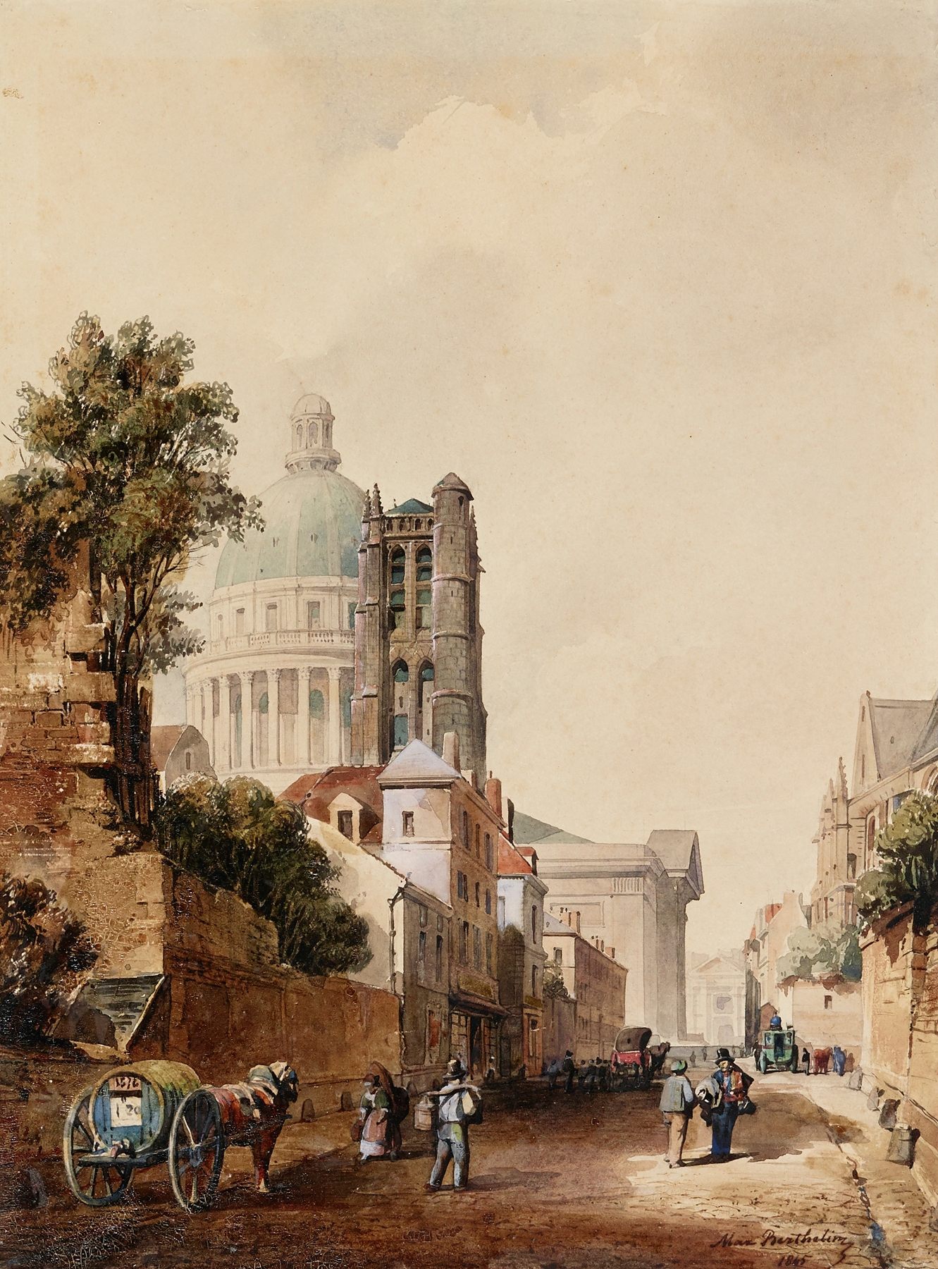 La Rue Clovis et le mur de Philippe-Auguste by Max Berthelin, oil painting depicting a Paris street.