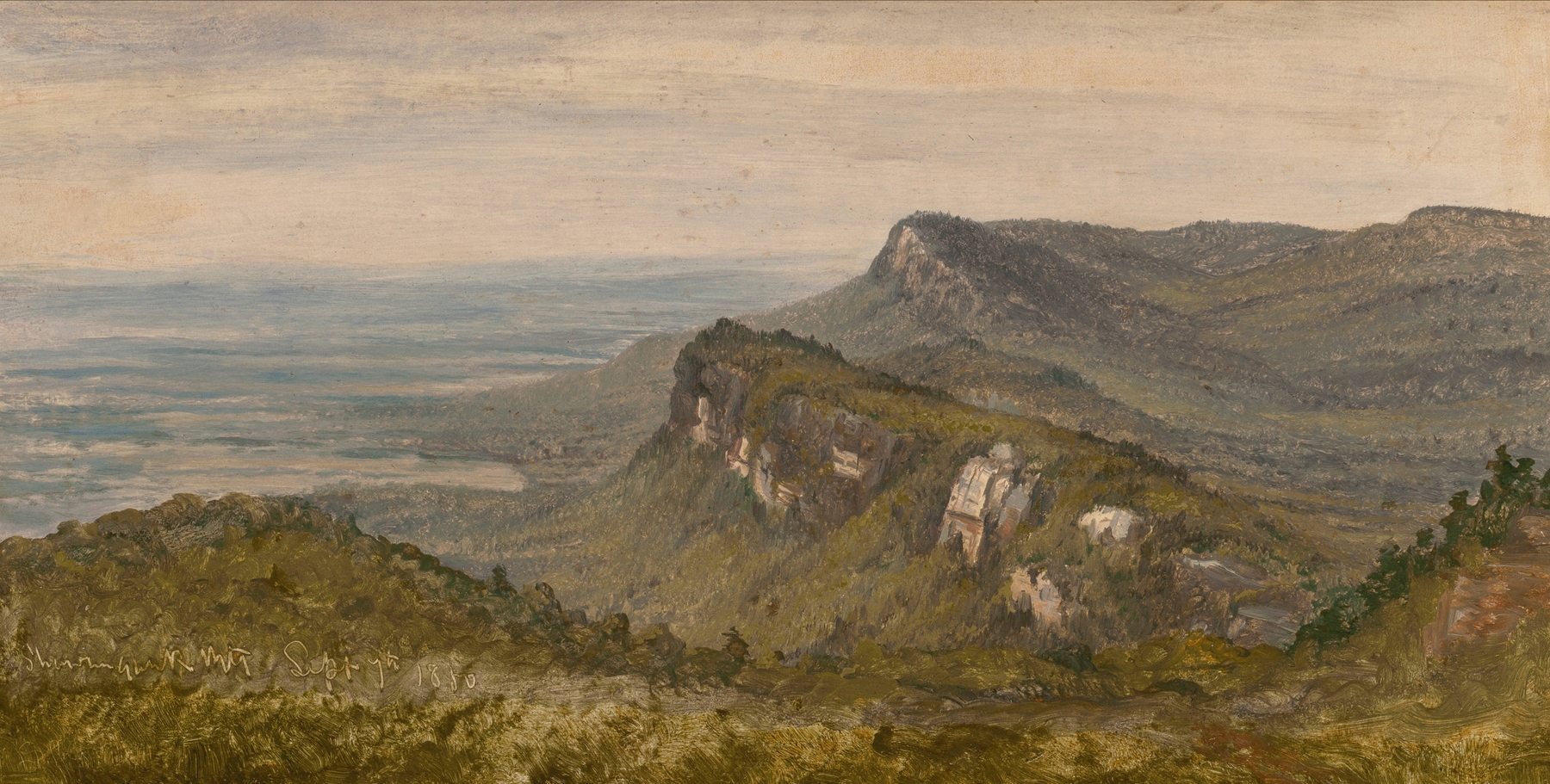 The Trapps, Shawangunk Mountains by Sanford Robinson Gifford, oil painting depicting twilight over mountains.