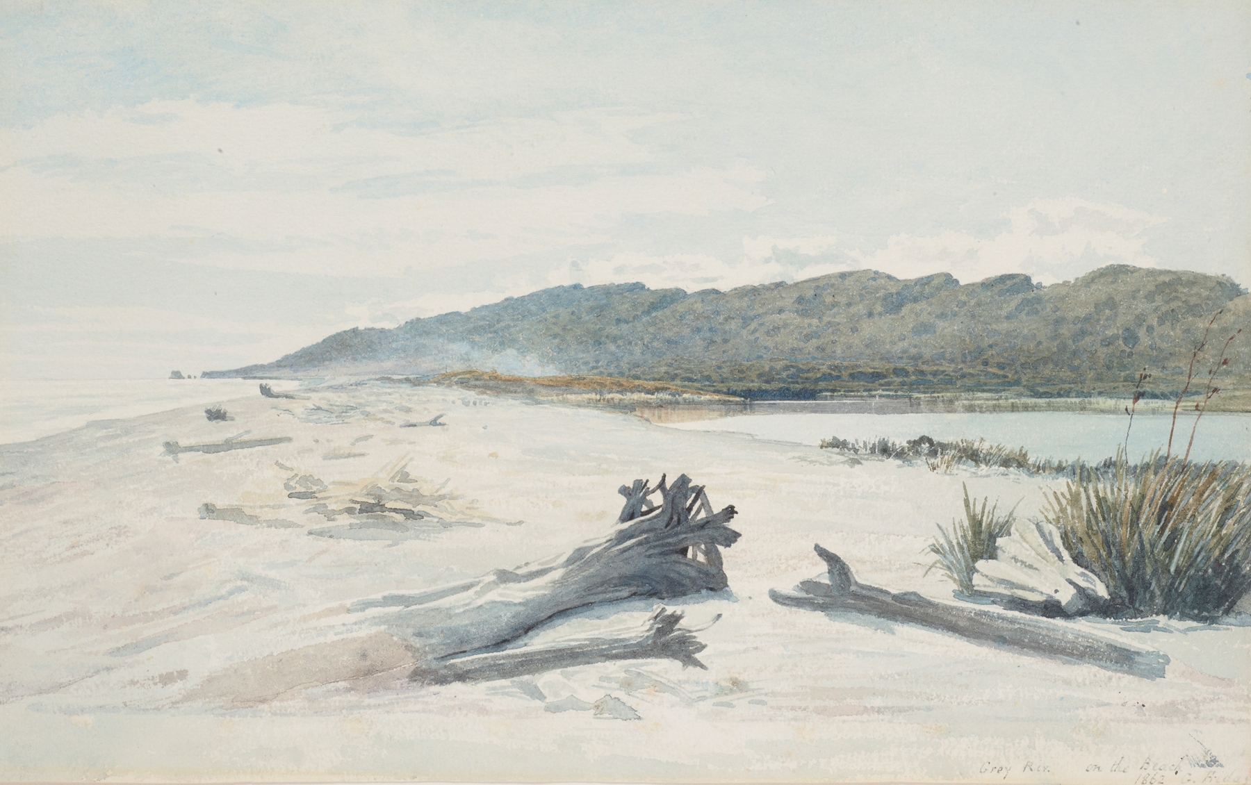 Grey River, on the beach by James Crowe Richmond, oil on canvas depicting a serene landscape.