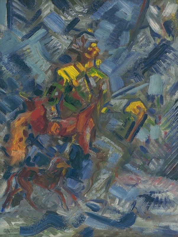 A depiction of a hunter in a blue forest.