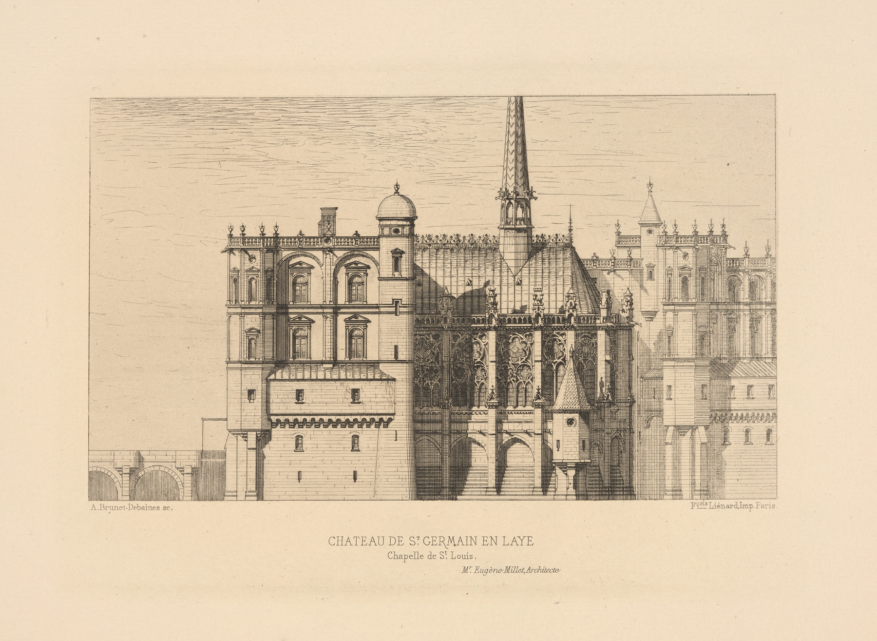Engraving of Chateau de St. Germain en Laye. St. Louis Chapel by Alfred Brunet-Debaines
