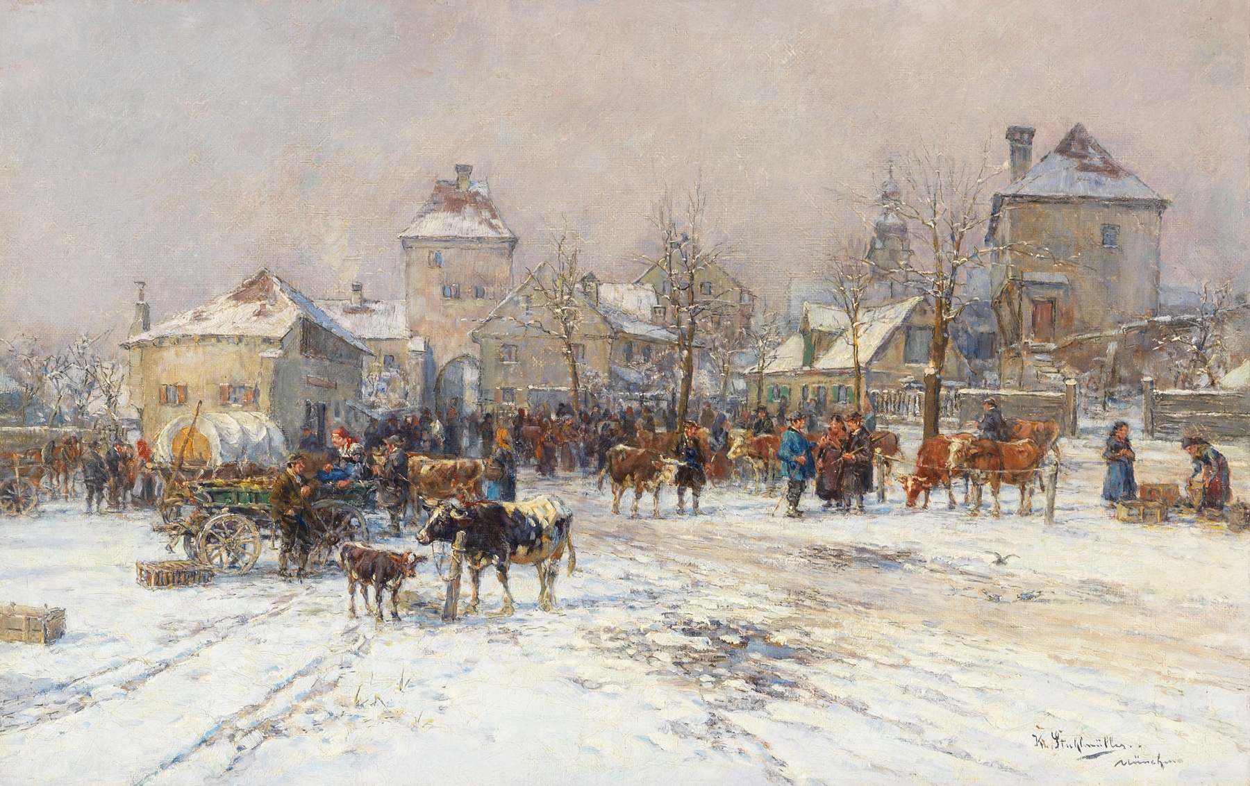 Viehmarkt im Winter by Karl Stuhlmüller, oil on canvas depicting a winter village market scene.