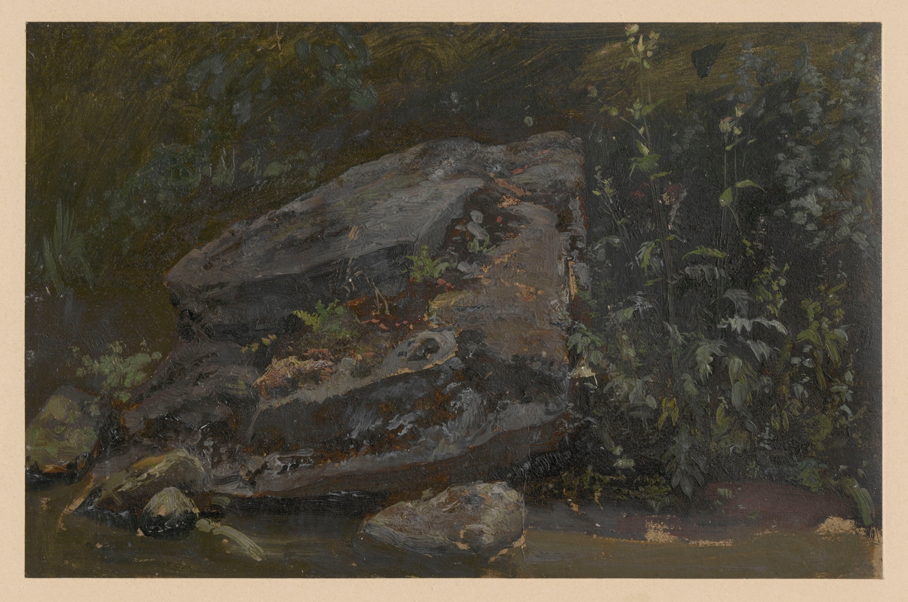 Oil painting by Adolf Dressler depicting a rock in the Pełcznica Stream.