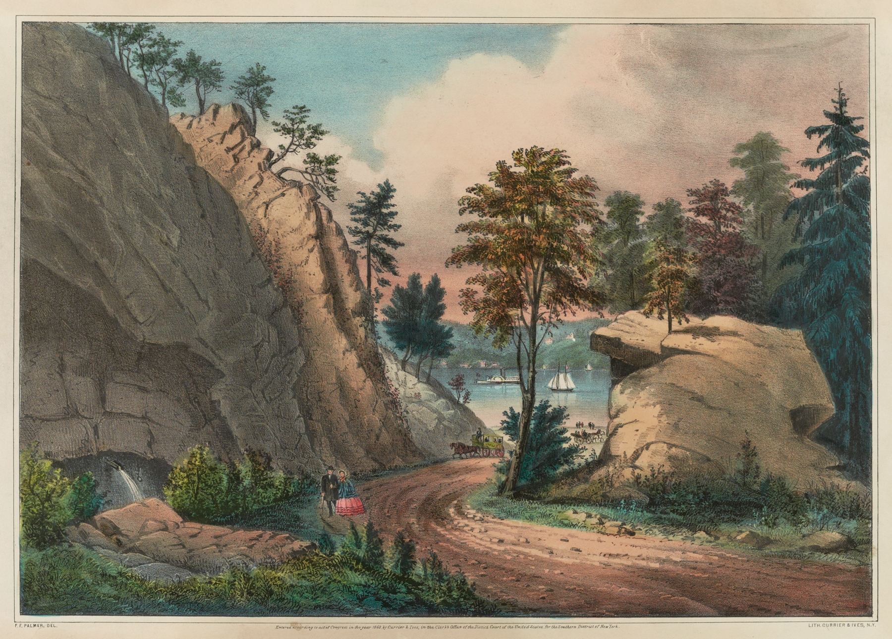 Lithograph by Currier & Ives depicting a stream flowing through a lush landscape.