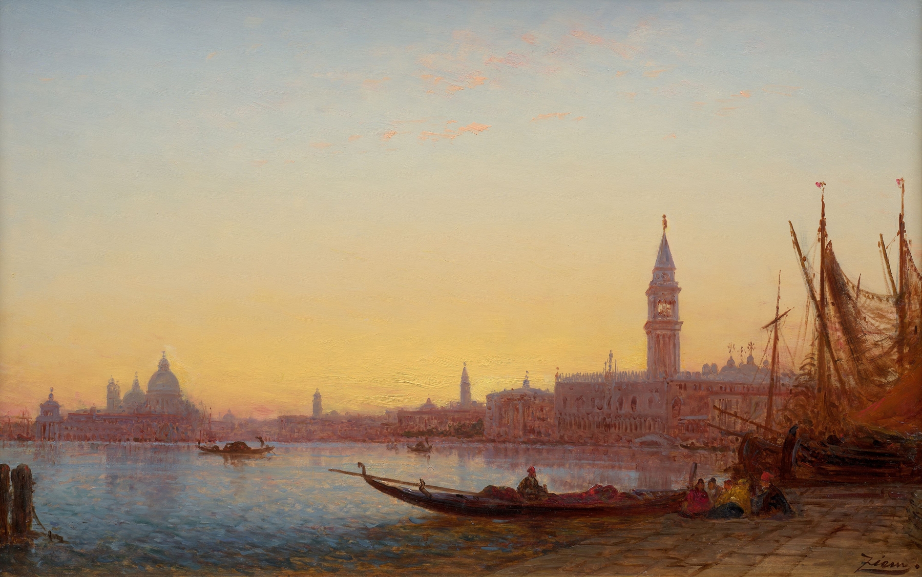 Gondoles dans le Grand Bassin, Venise by Félix Ziem, oil on canvas depicting gondolas on calm water.