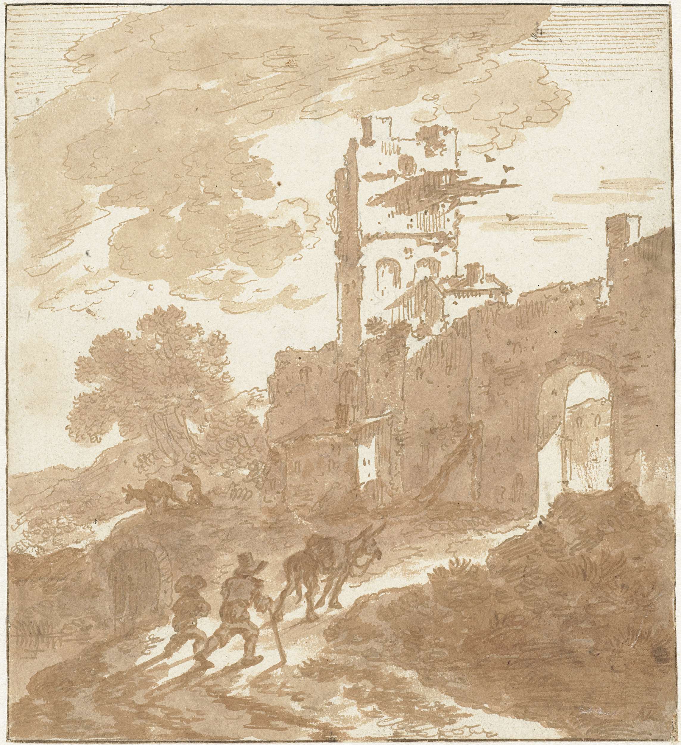 Italianate landscape with a path leading to a city gate, oil on canvas by Adriaen van der Kabel.