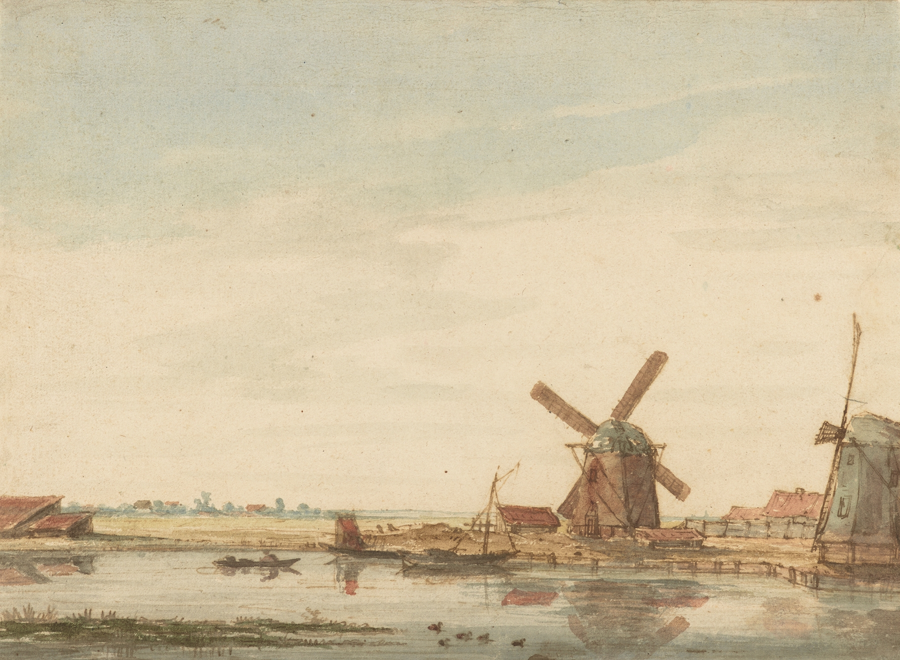 Windmills on a canal at sunrise, oil painting by Anthonie Erkelens
